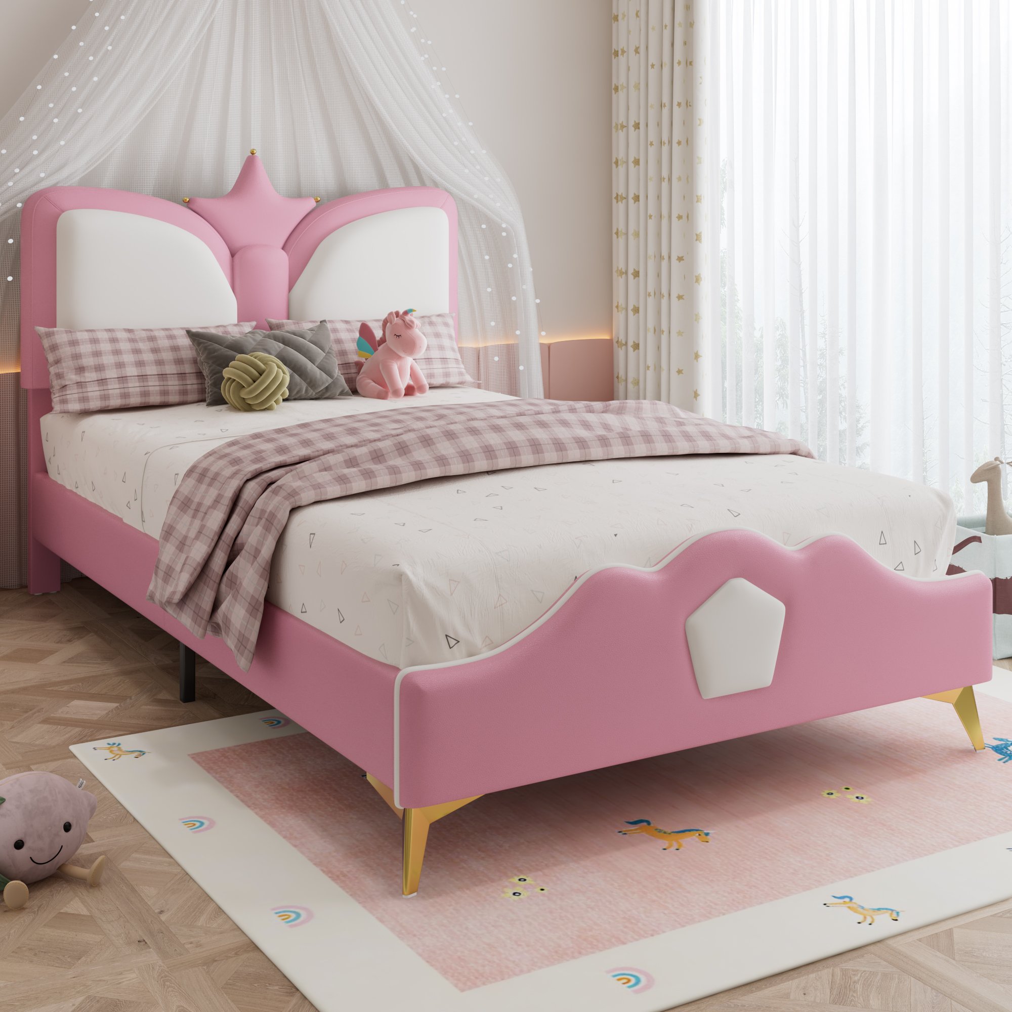 Lit enfant 90x200 rose et blanc avec tête de lit couronne, bords en mousse et cadre stable