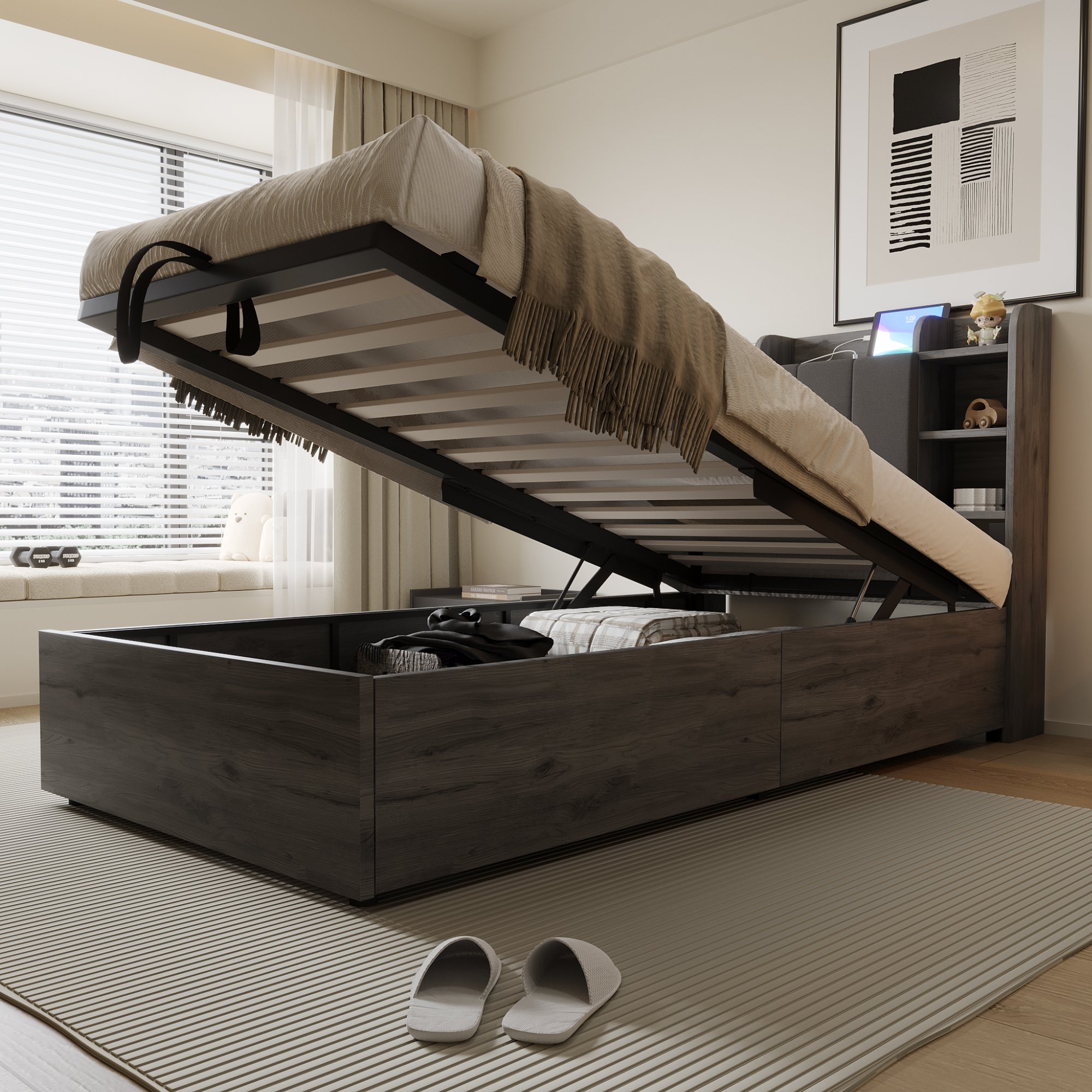 Lit coffre 90x200 en Panneau composite de fibres de bois à densité et contreplaqué, gris, avec rangement hydraulique et tête de lit rembourrée, sans matelas