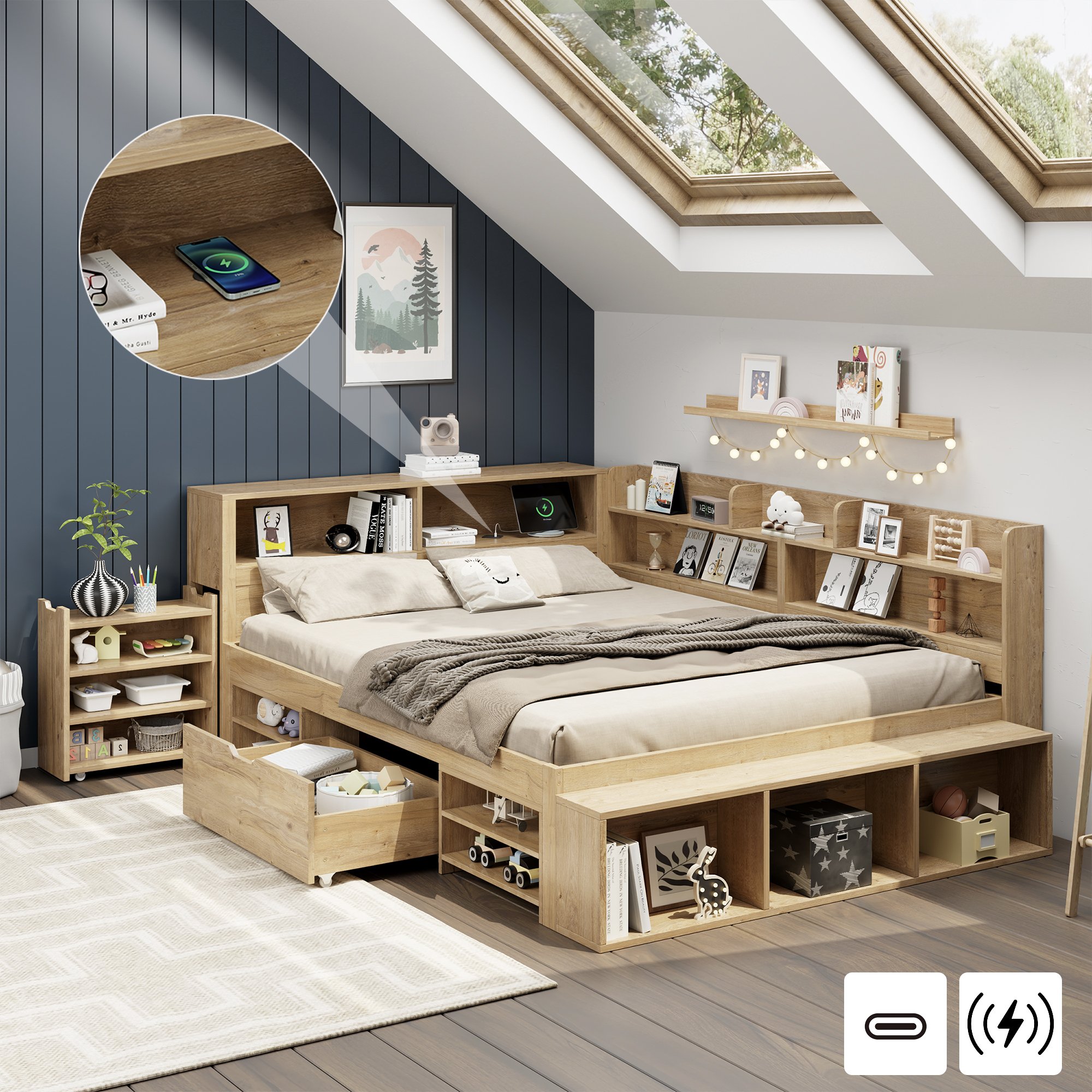 Lit enfant avec rangement 140x200 cm, lit simple multifonction en bois naturel avec table de chevet et chargeur sans fil