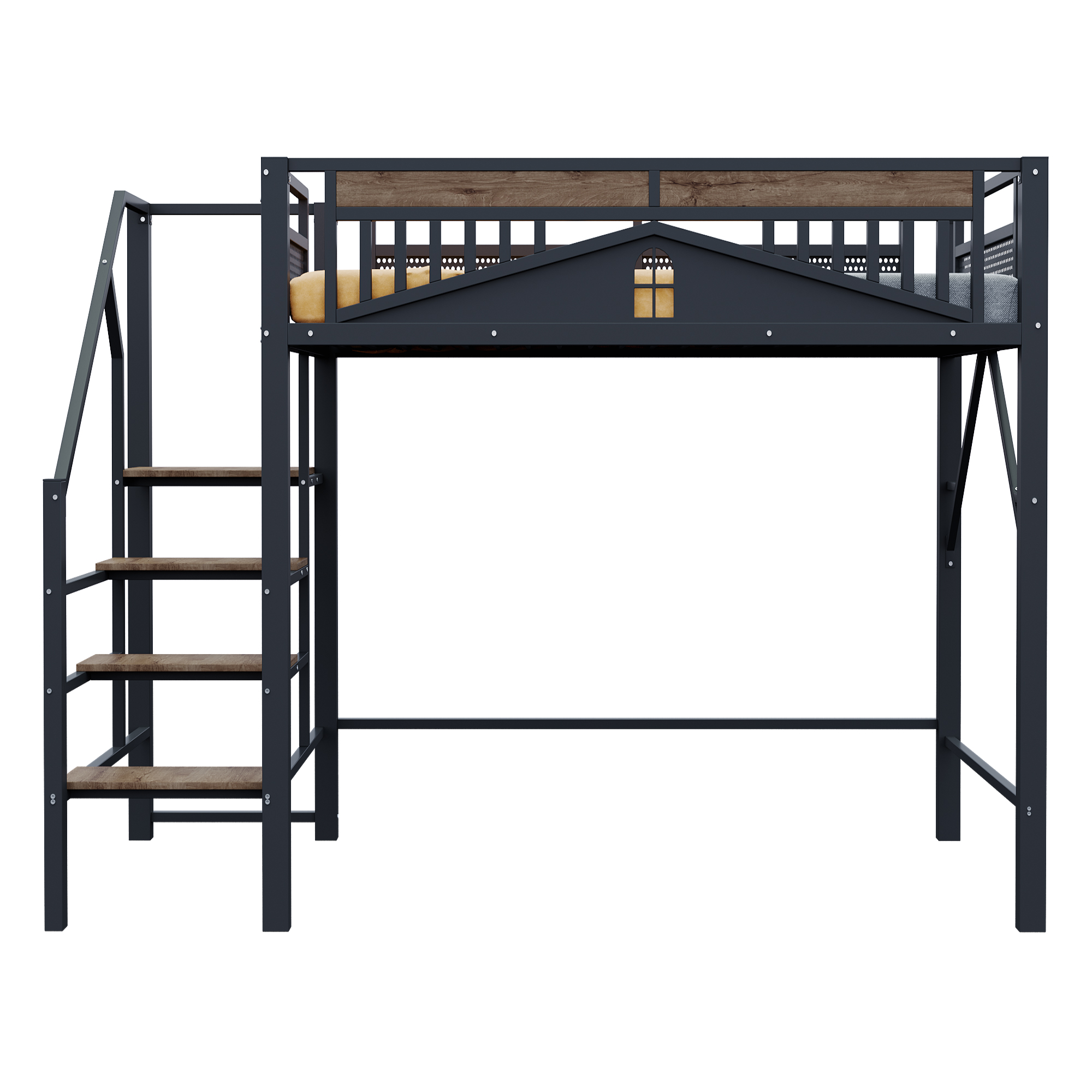 Lit mezzanine 140x200 avec échelle de sécurité et rangement intégré, espace sous le lit, noir