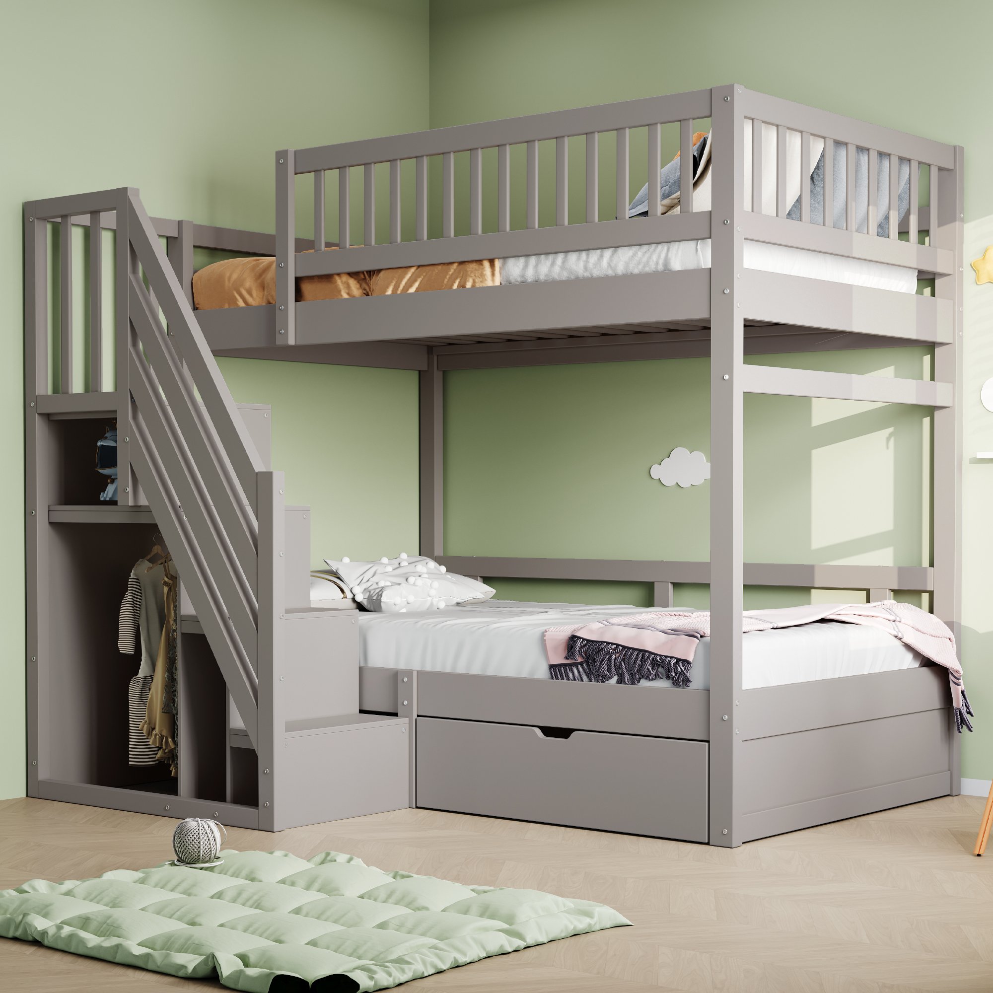 Lit superposé 90x200 cm en bois massif avec rangements, échelle sécurisée et tiroirs pour enfant