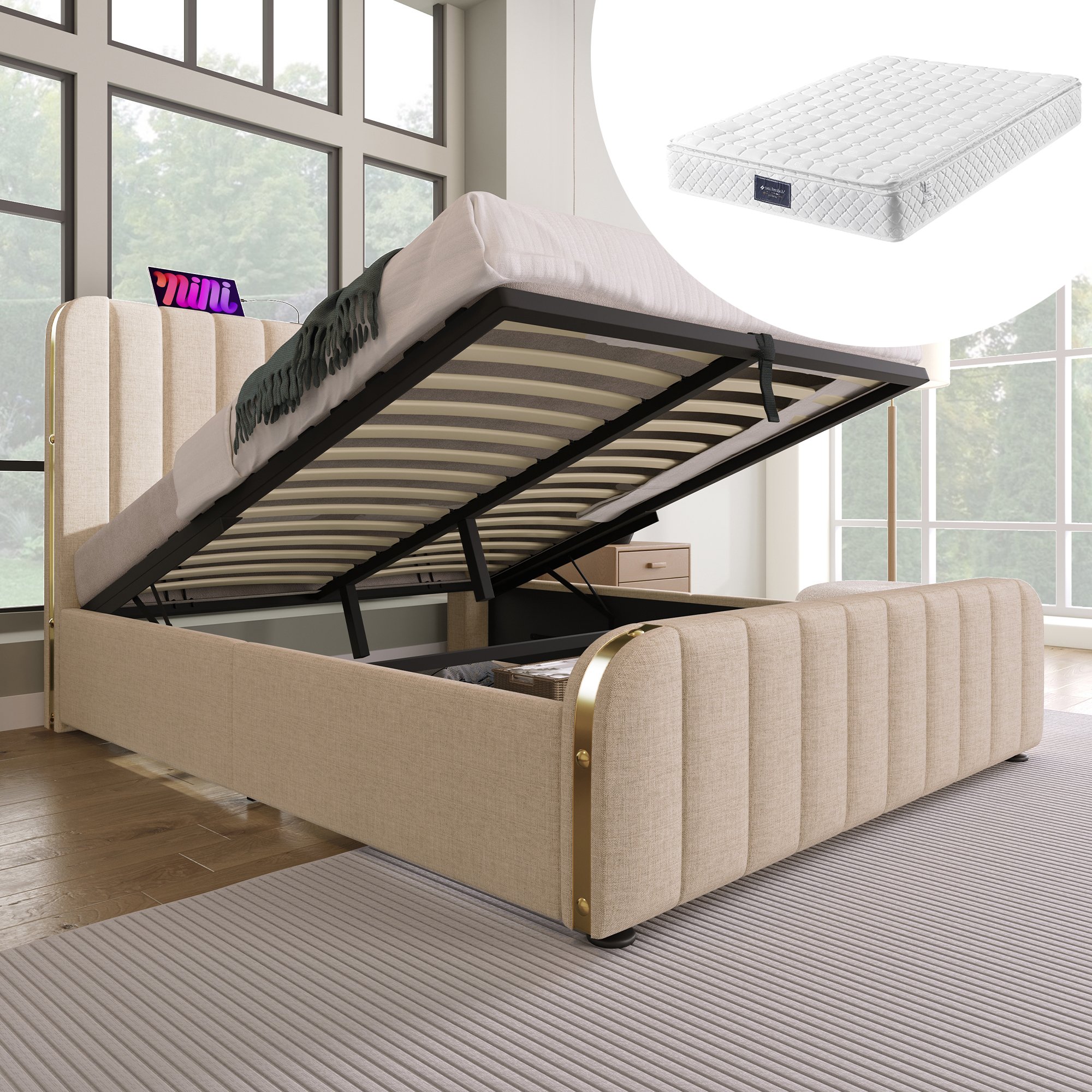 lit coffre 140x200 beige en tissu lin avec rangement hydraulique, sommier à lattes et ports USB Type-C