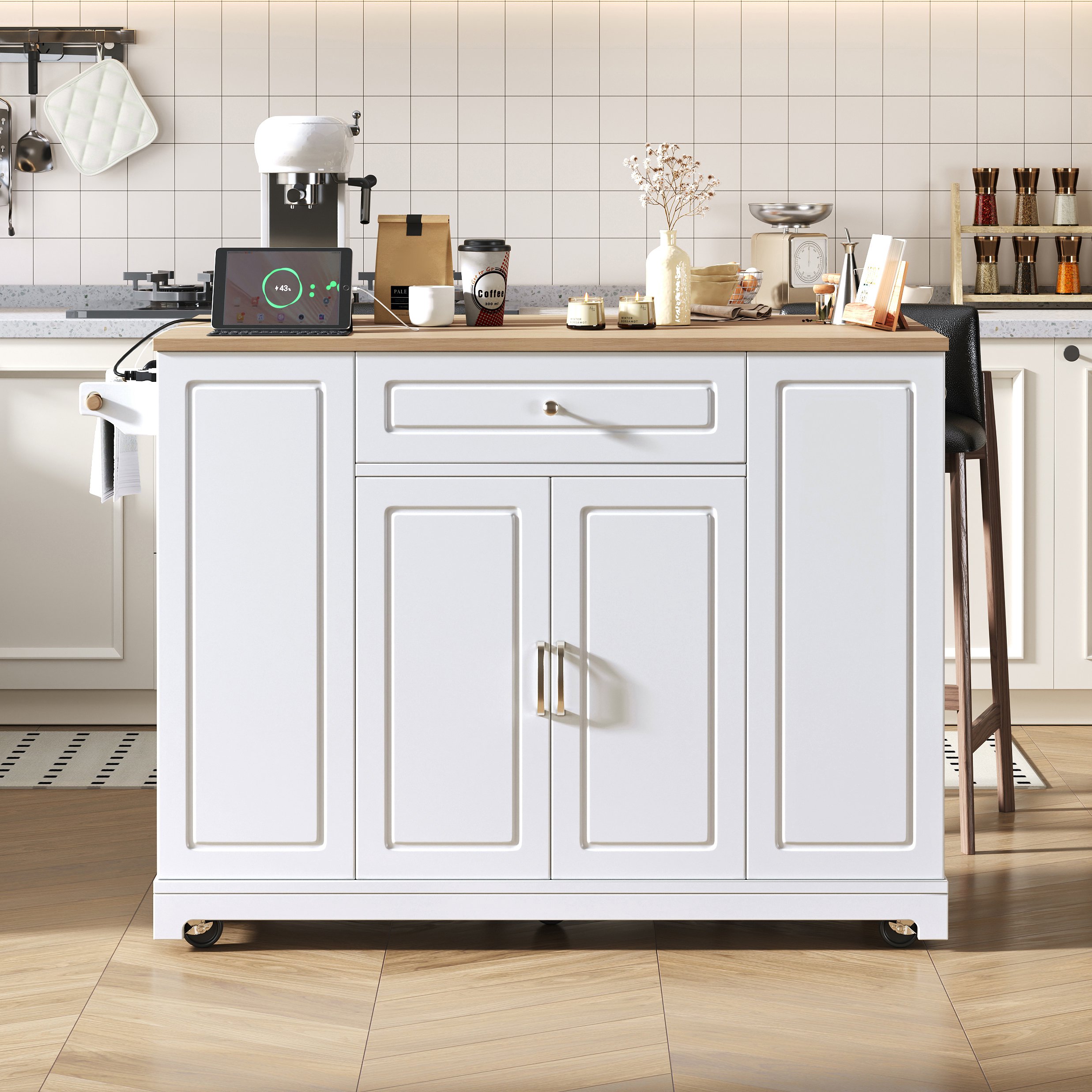 Îlot de cuisine 131,8 cm avec plan de travail extensible de 40 à 70 cm, rangements, poubelle intégrée, sur roulettes, blanc