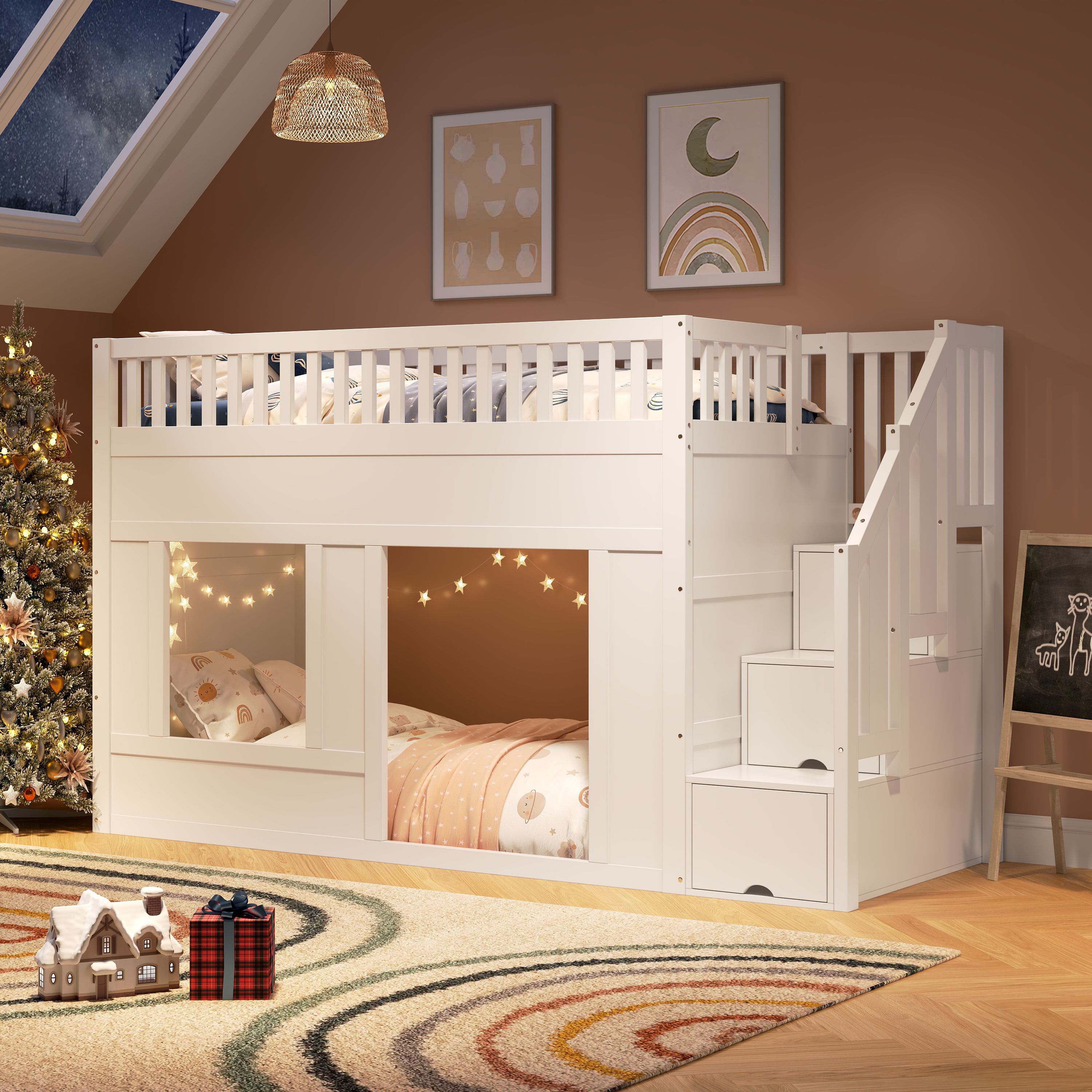 Lit superposé enfant 90x200 blanc avec escalier de rangement et zone de jeu inférieure, kit complet incluant sommier à lattes