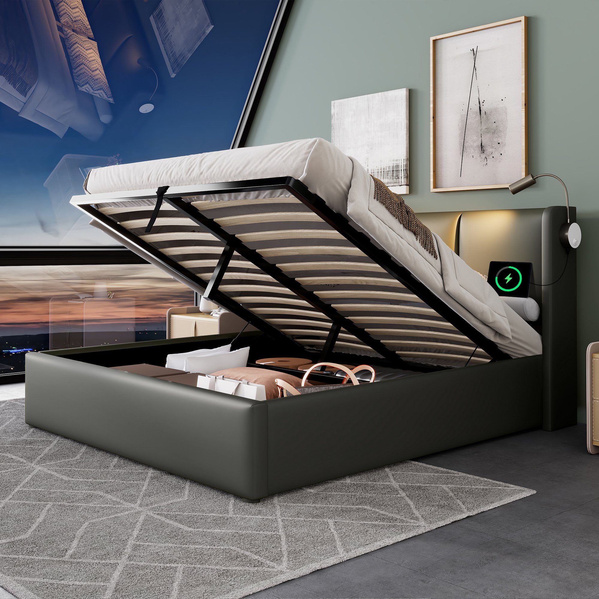 lit coffre 140x200 gris en PU avec rangement hydraulique, LED, ports USB et sommier à lattes