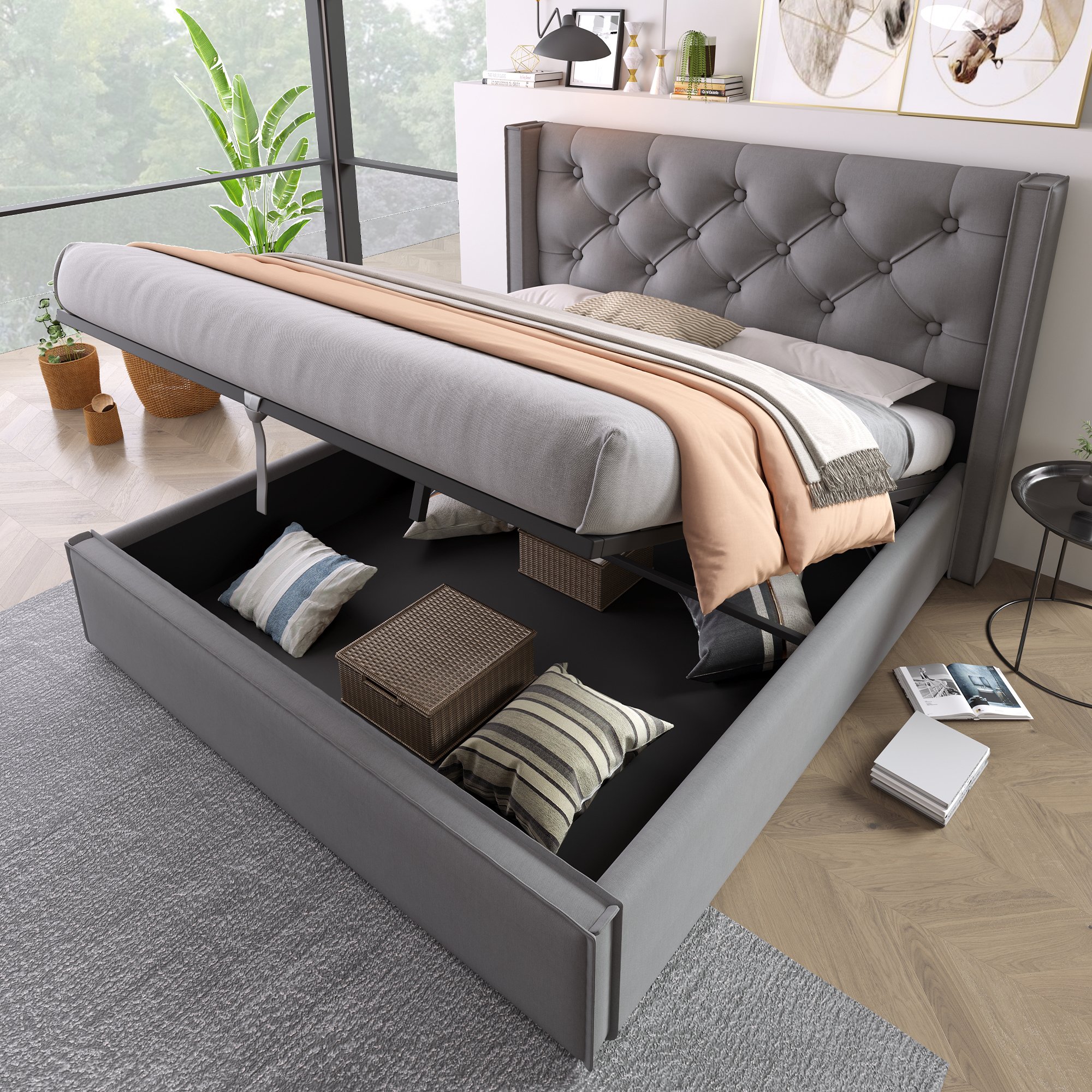 Lit coffre 140x200 avec grand espace de rangement sous le couchage, ouverture hydraulique facile et protection Oxford