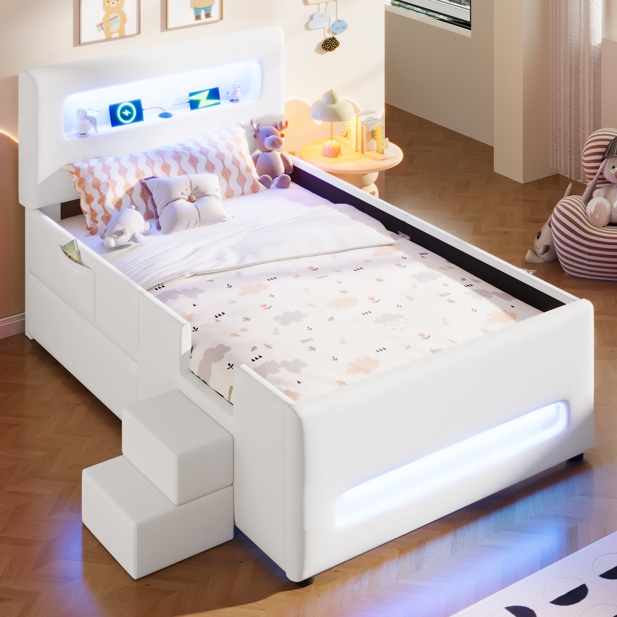 Lit coffre 90x200 cm avec rangements, LED et USB, blanc, pour enfant