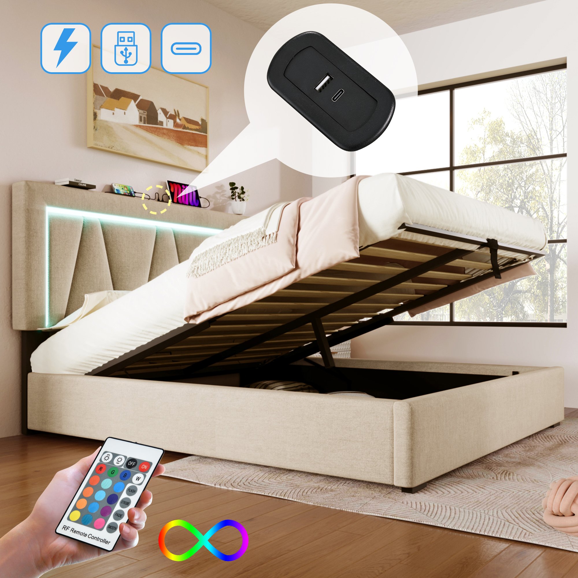lit coffre 140x200 avec LED RGB télécommande et chargeurs USB Type-C, structure renforcée pour 360 kg, tissu beige