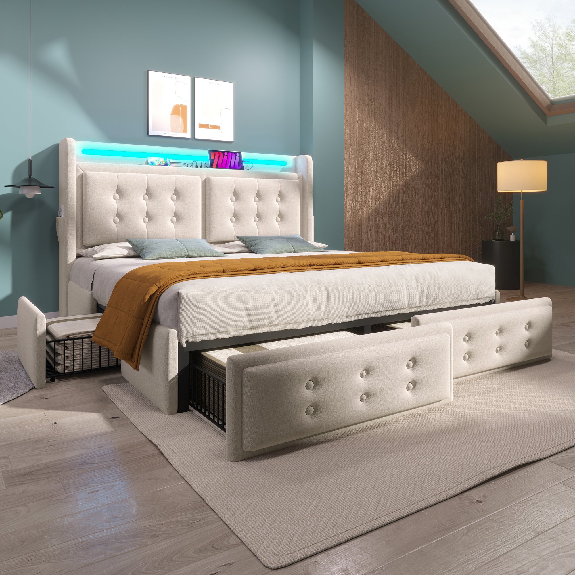 lit coffre 160x200 beige en tissu coton avec 4 tiroirs, LED, ports USB Type-C et sommier à lattes, charge 300 kg