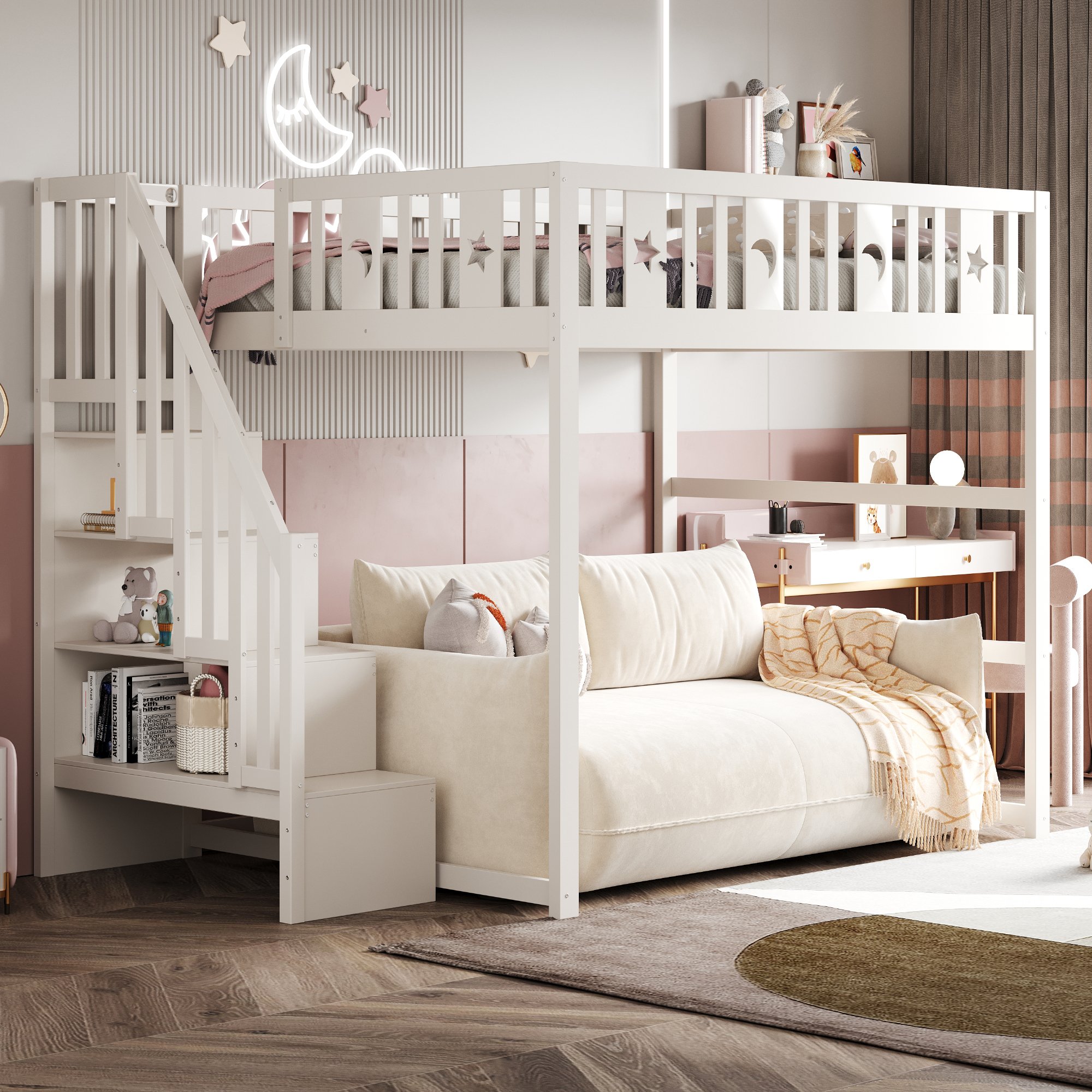Lit superposé enfant 140x200 avec escalier et rangement, bois massif blanc, sécurité