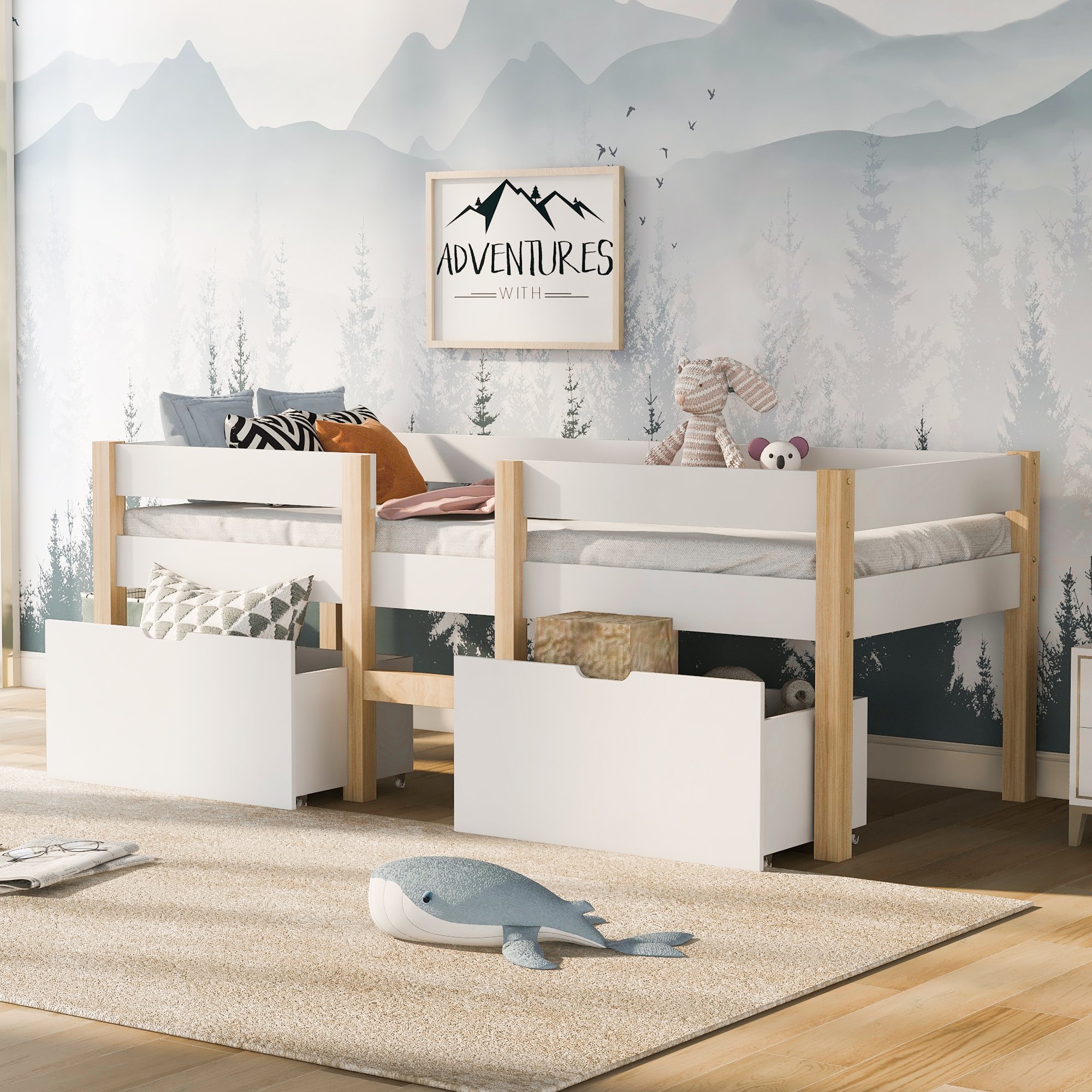 Lit enfant mi-hauteur avec barrière de sécurité et échelle, design scandinave en pin blanc, rangement sous lit