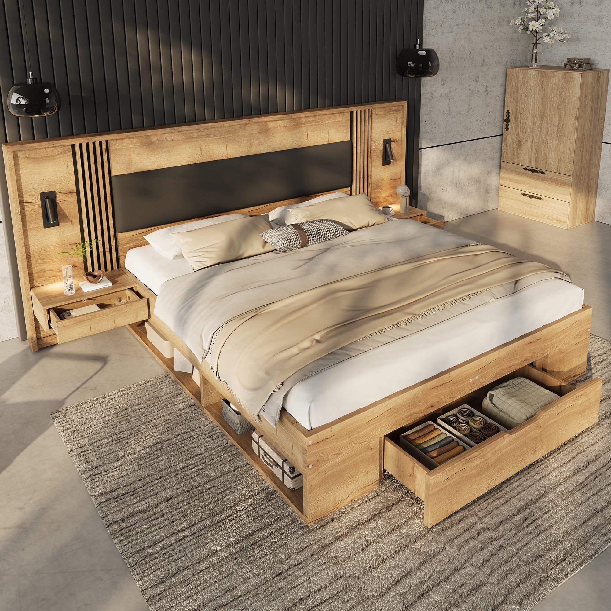 Grand lit coffre 180x200 cm deux places, incluant matelas et sommier à lattes, avec tiroirs et lampes de lecture sur les côtés