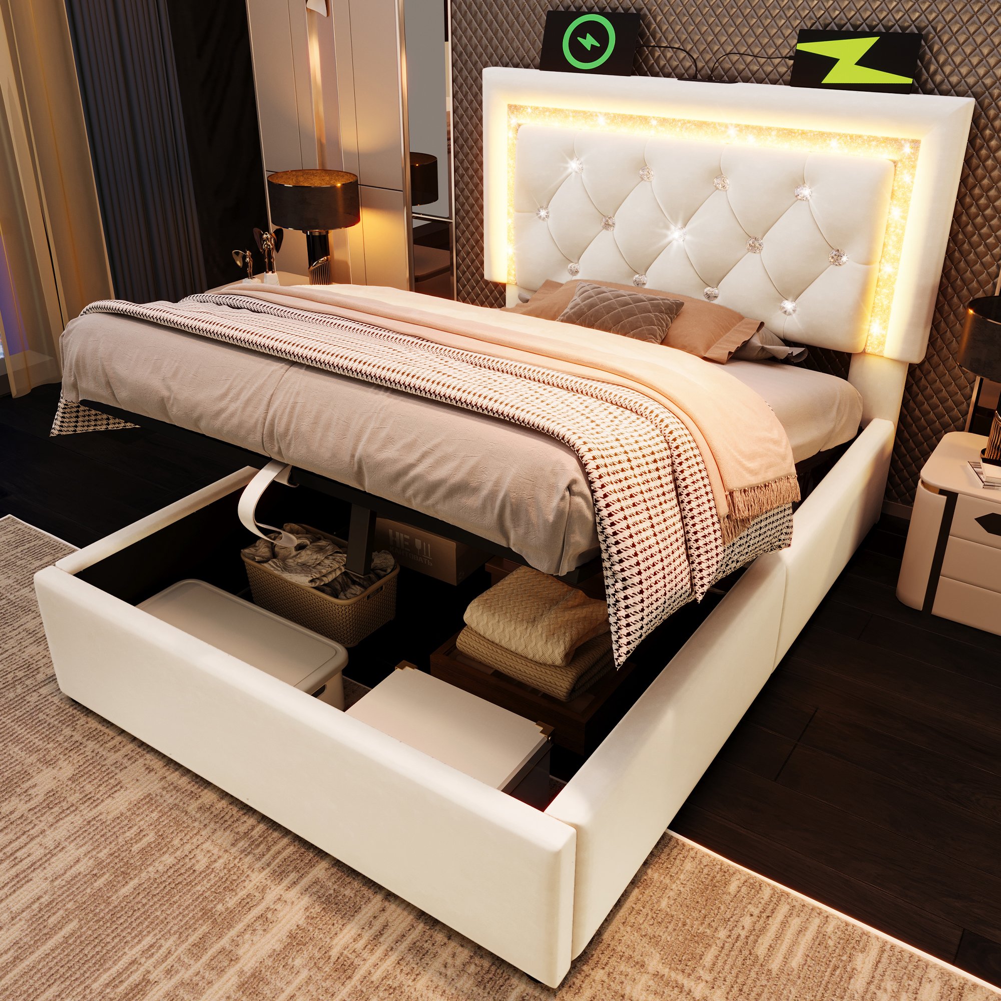 lit coffre 90x200 en velours beige avec rangement hydraulique, LED, ports USB Type-C et sommier à lattes