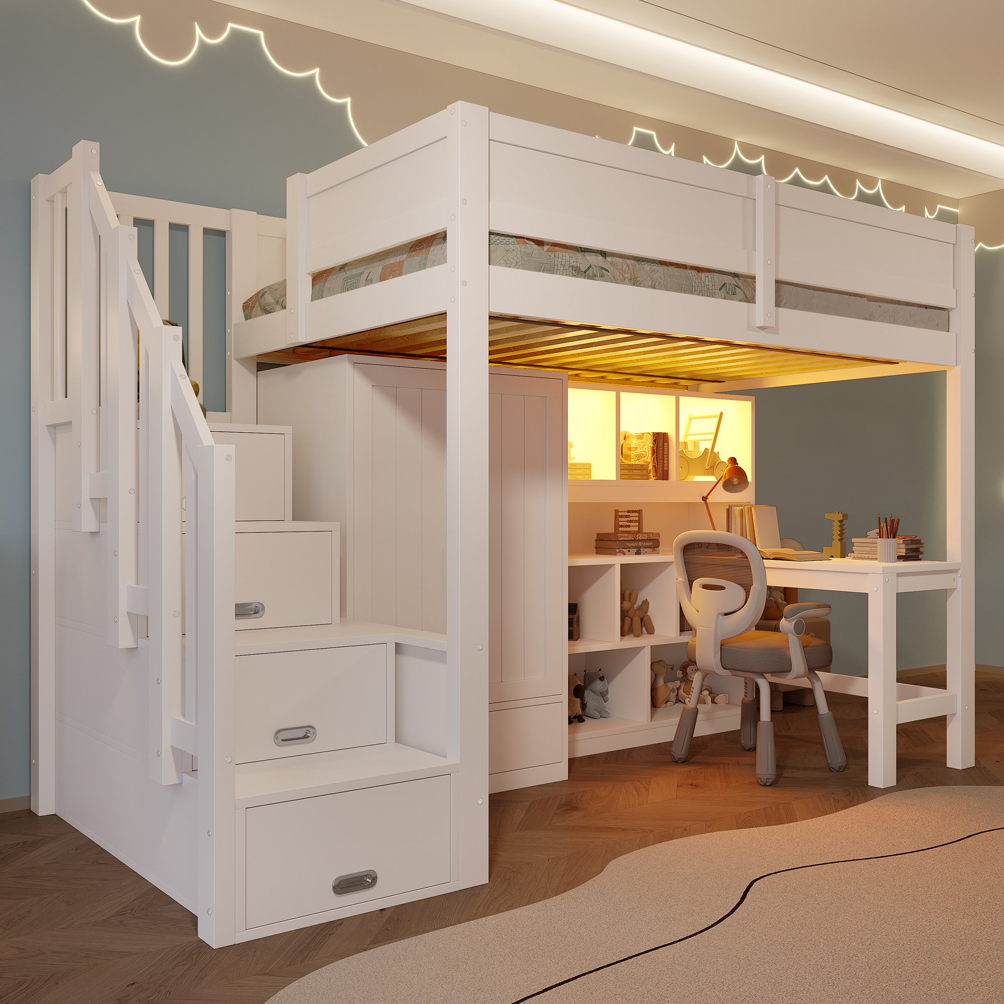 Lit mezzanine avec bureau intégré, rangements et LED, couchage 90x200