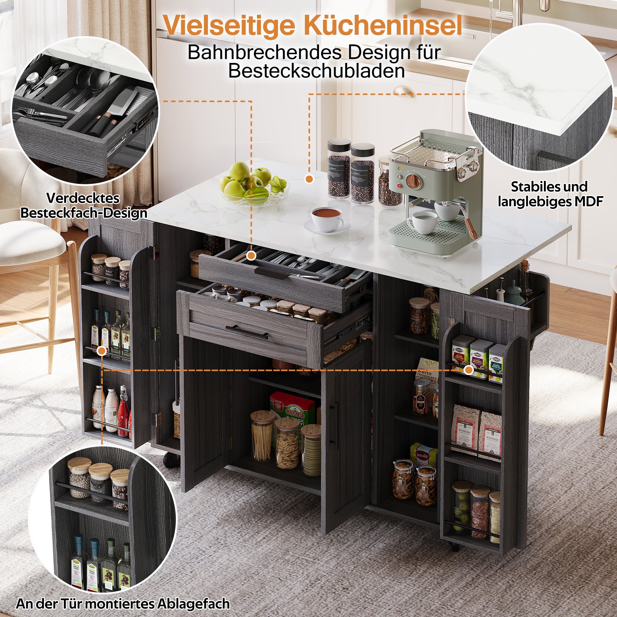 Îlot de cuisine 120x45 cm extensible à 70 cm, avec rangement, tiroir à couverts, porte-serviettes, 5 roulettes, pour 2 personnes