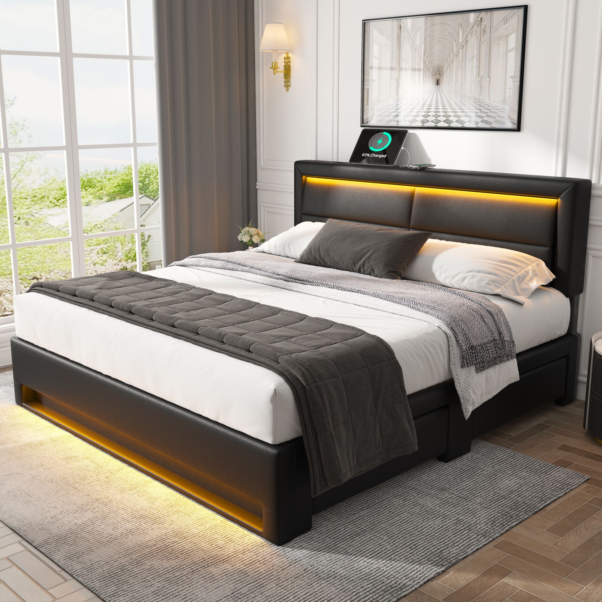 Lit rembourré 140x200 noir en PU motif litchi avec 4 tiroirs, éclairage LED multicolore et ports USB pour chargement pratique.