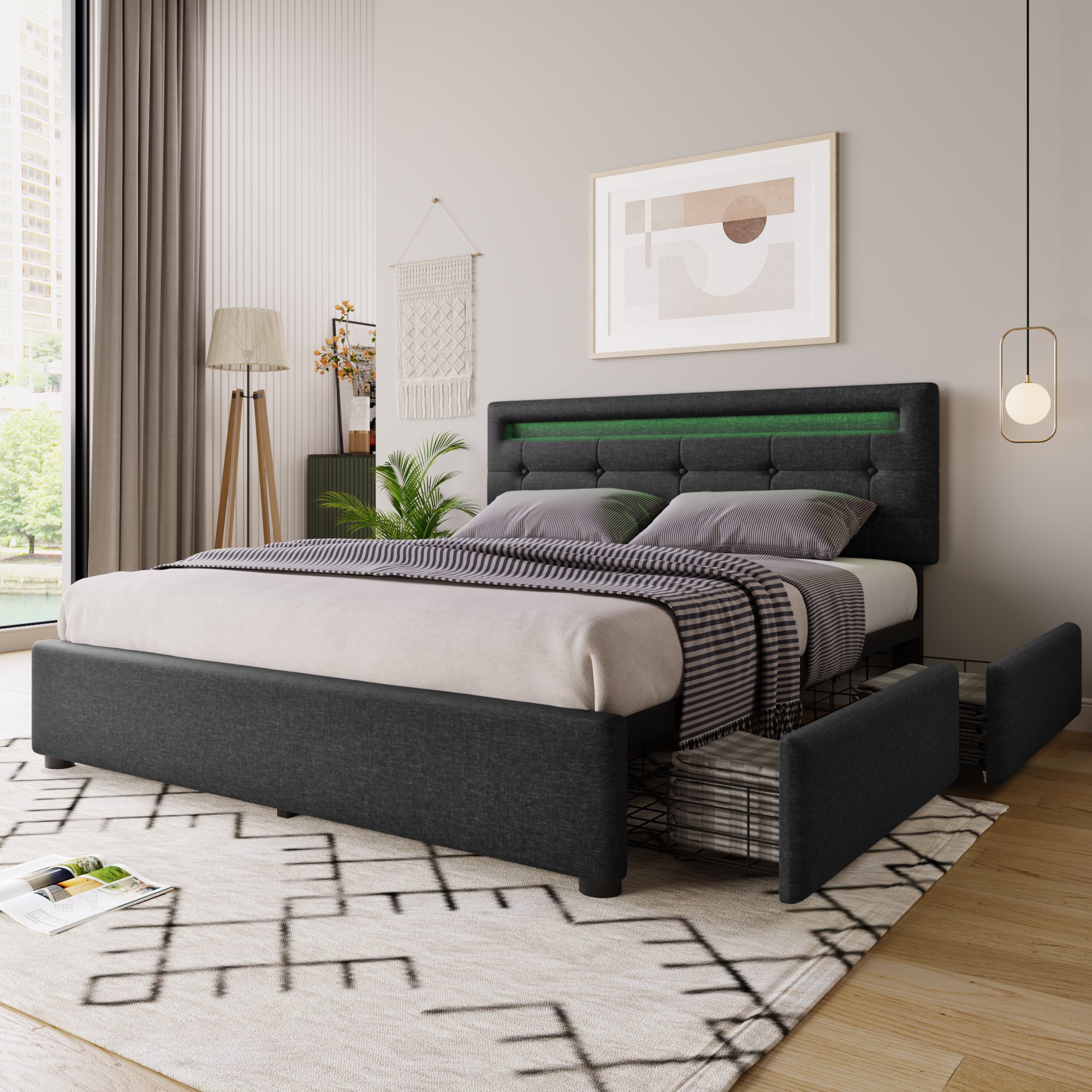 Lit double rembourré 140x200 avec LED et matelas ressorts, sommier à lattes, 4 tiroirs gris et tête de lit réglable