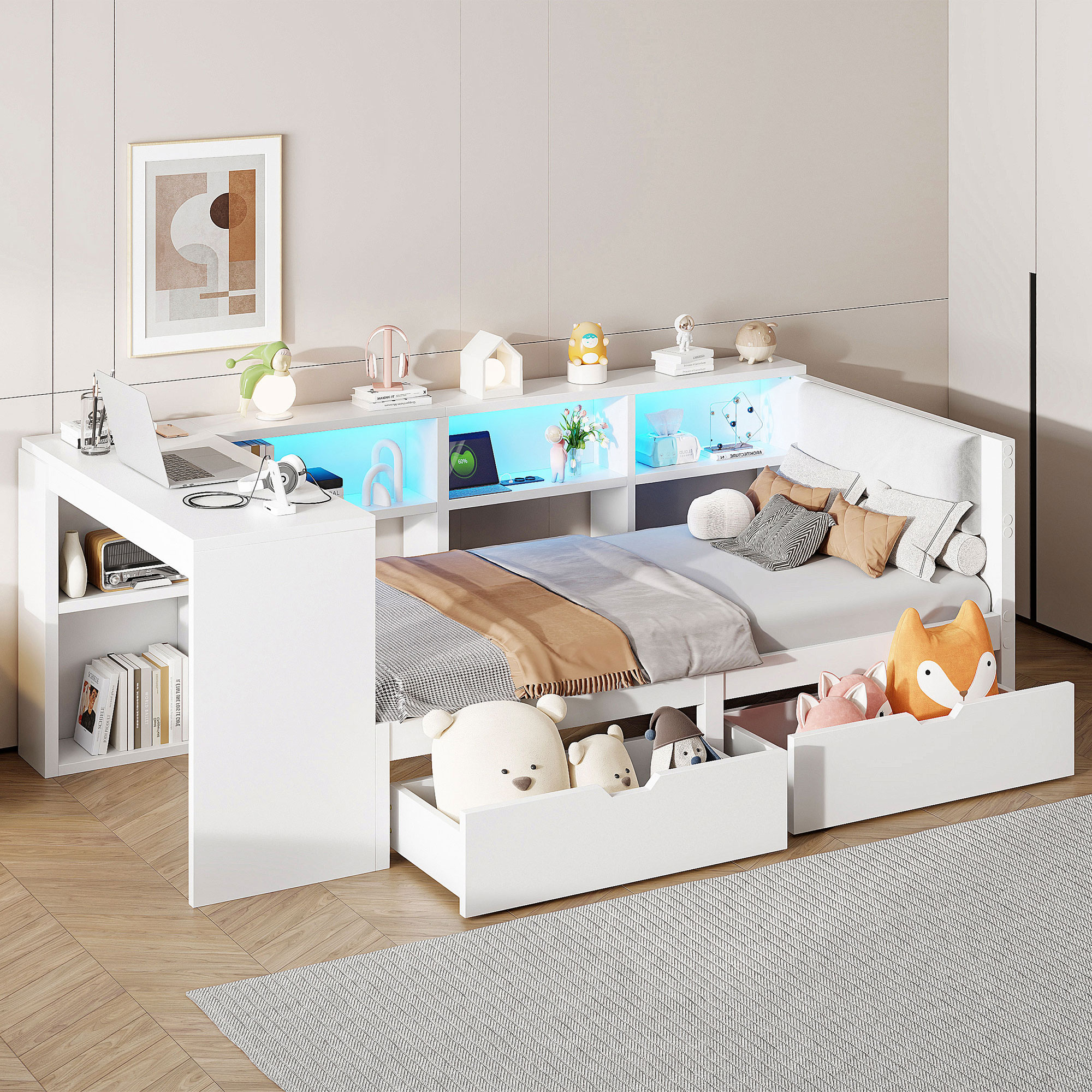 Lit plateforme 90x200 blanc avec rangements, tiroirs, tête de lit rembourrée et LED