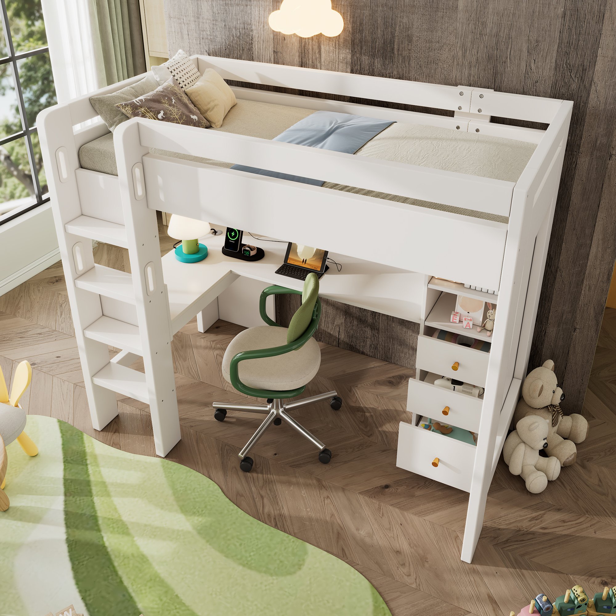 Lit mezzanine 90x200 avec bureau en L et USB, tiroirs profonds et étagères ouvertes, structure bois Panneau composite de fibres de bois à densité blanc pour adolescent