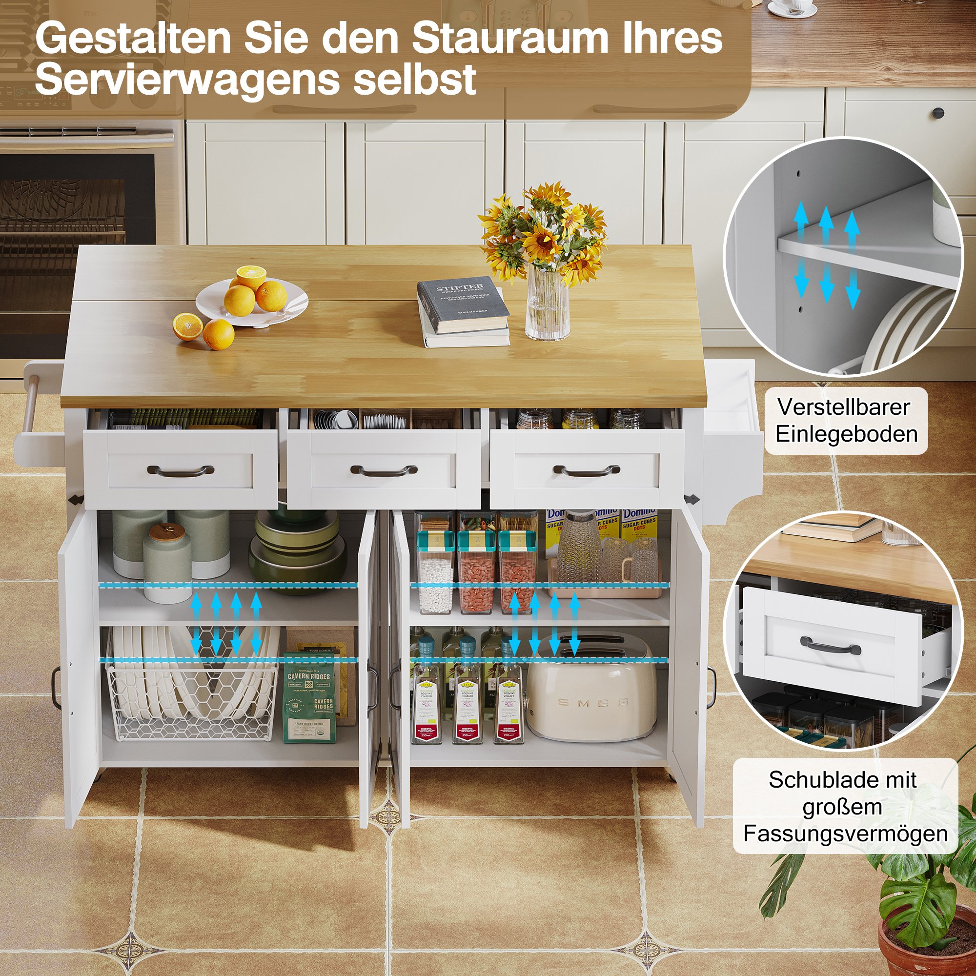 Îlot de cuisine blanc avec rangement, plan de travail rabattable, roulettes 360°, 4 portes, 3 tiroirs, style grange, 140 cm