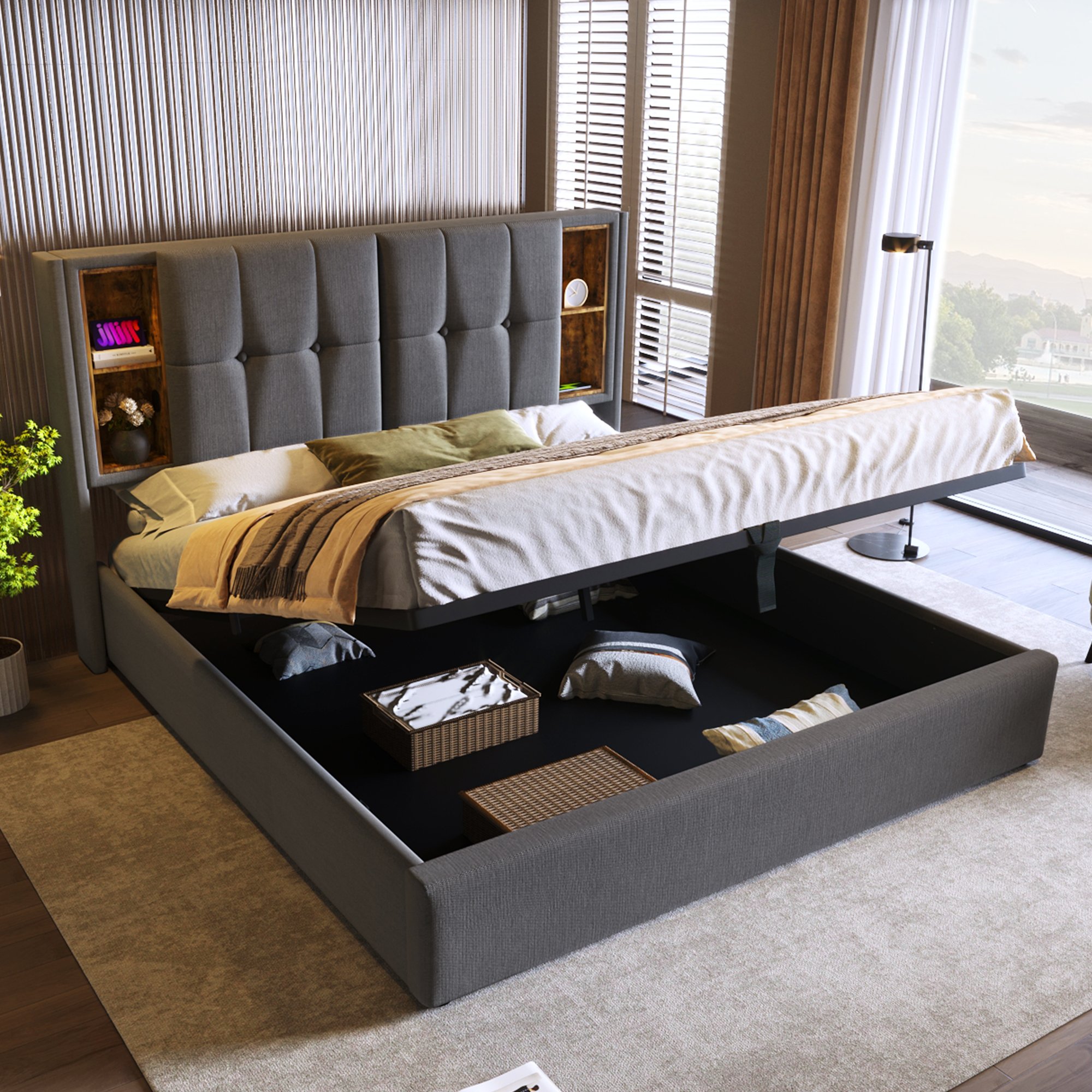 lit coffre double 160x200 cm avec tête de lit multifonction, ports USB, Type-C et grand espace de rangement