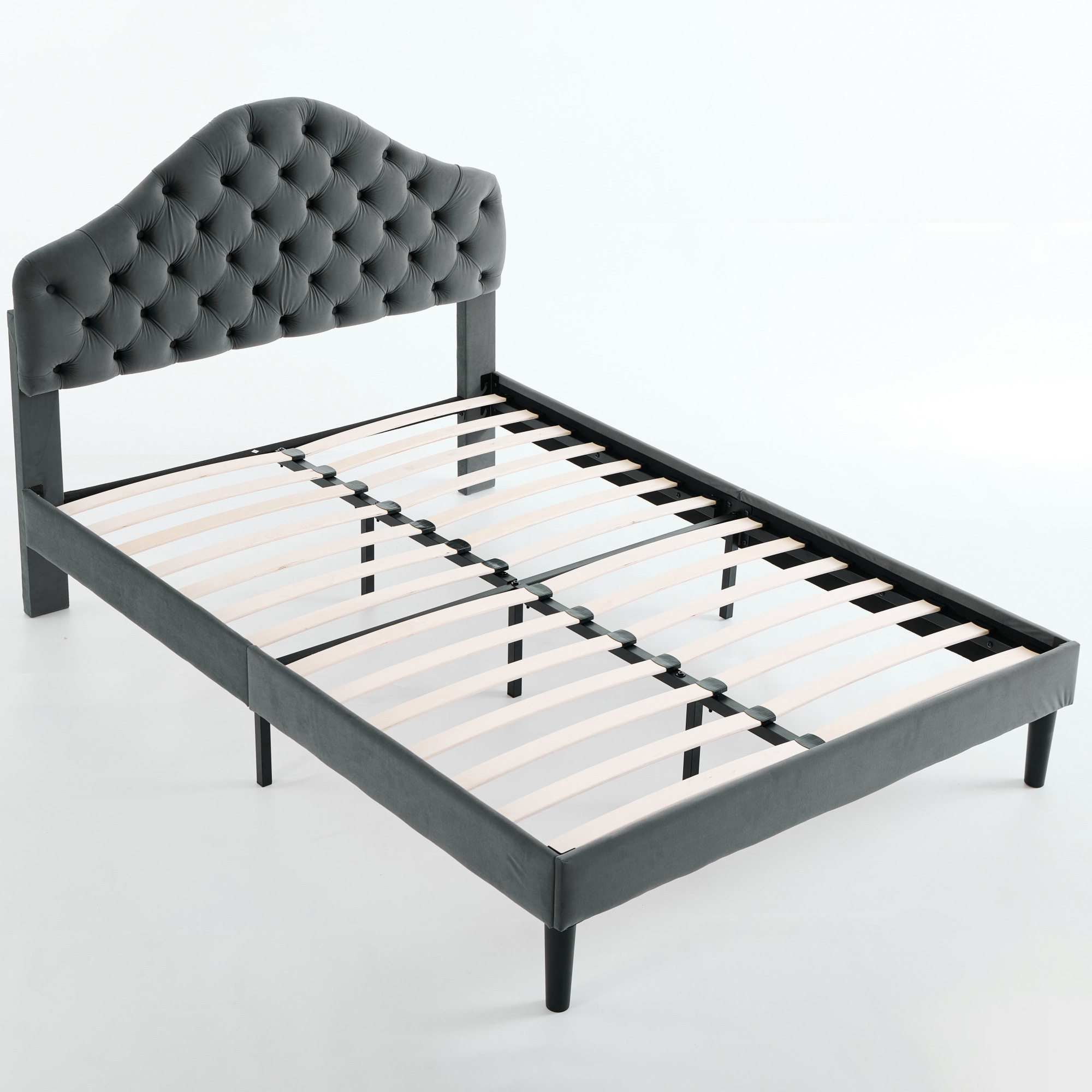 Lit rembourré 140x200 velours gris avec tête de lit réglable et sommier à lattes