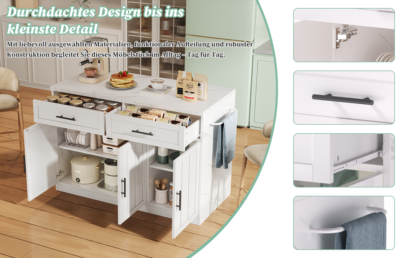 Petit îlot de cuisine blanc avec rangement, prises, bar et porte-serviettes, 120x60x91 cm, Panneau composite de fibres de bois à densité, pour appartement