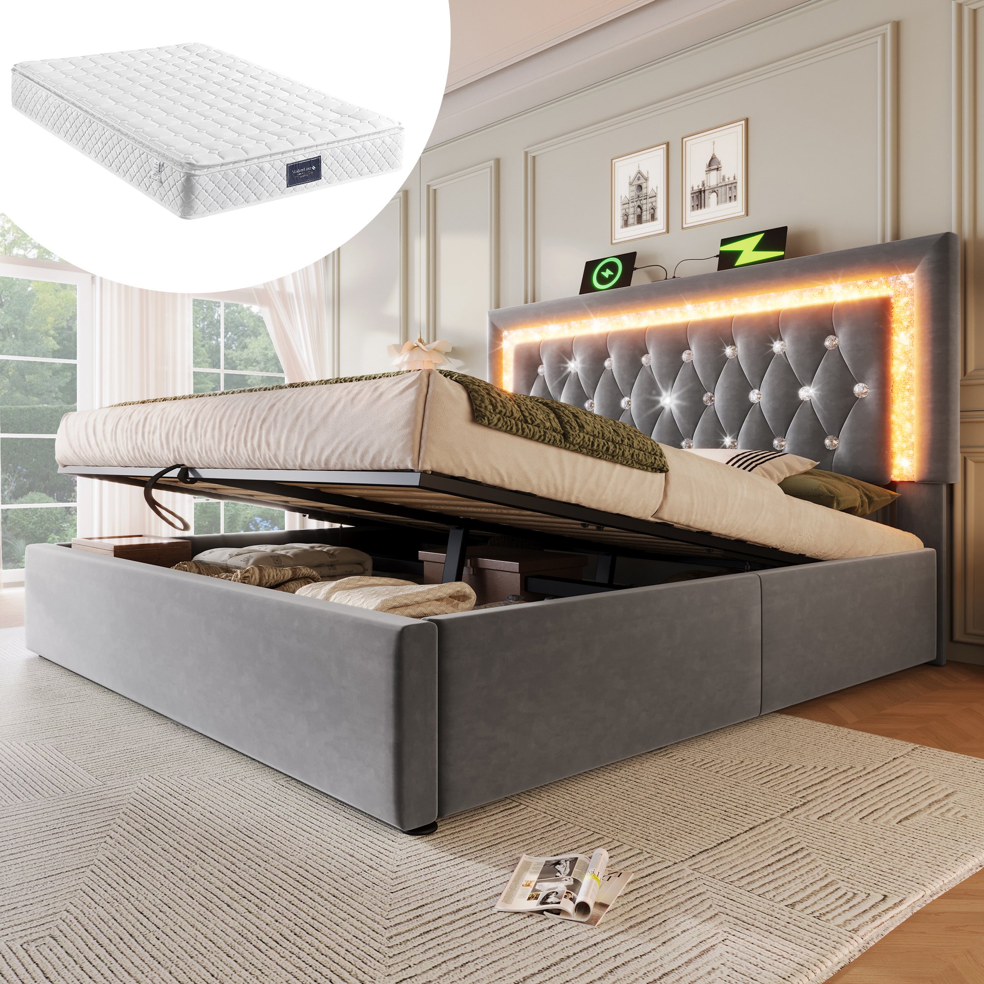 lit coffre 160x200 en velours gris avec rangement hydraulique, LED, ports USB Type-C et sommier à lattes