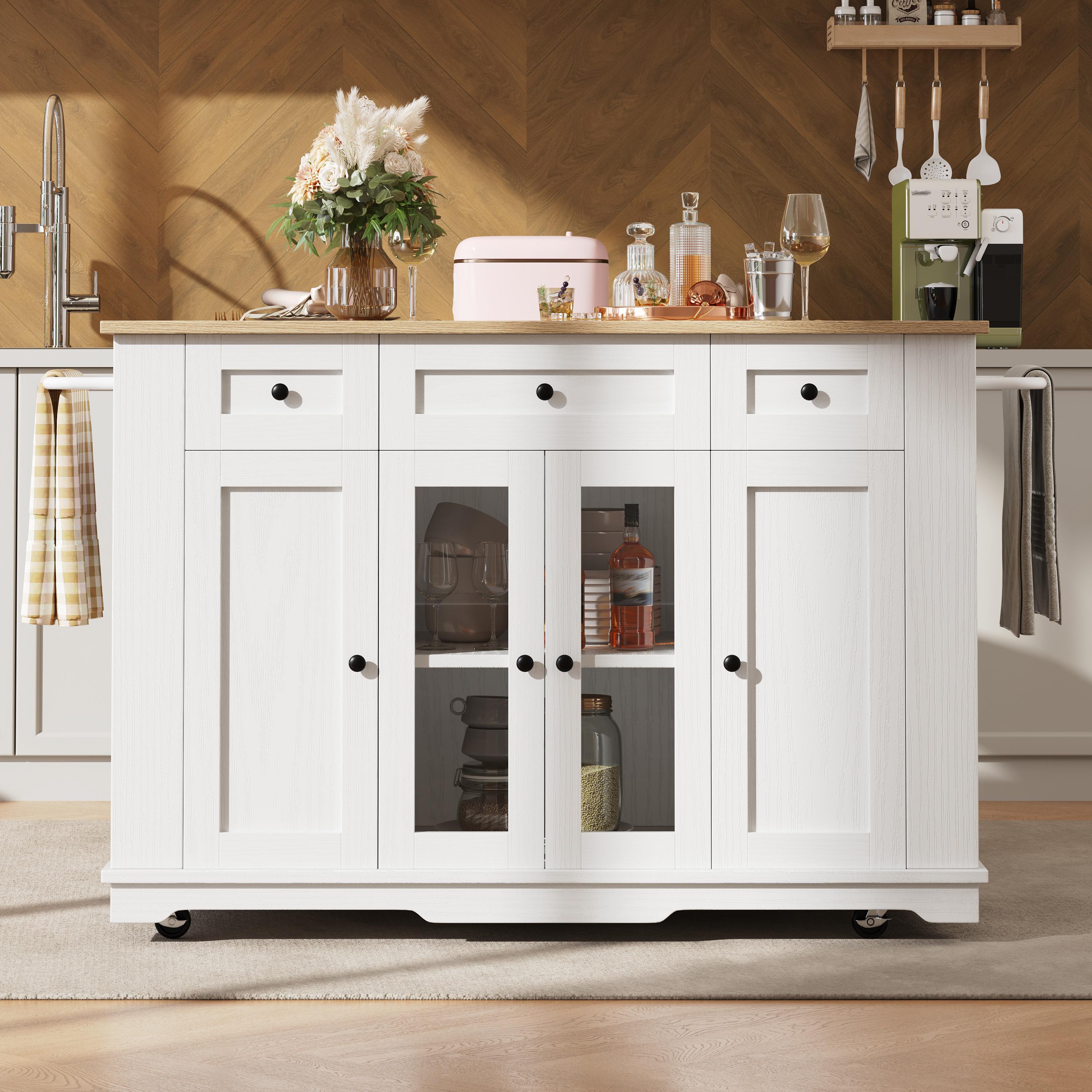 Îlot de cuisine avec rangement spacieux, table extensible et étagères latérales, plan de travail en bois, blanc et naturel