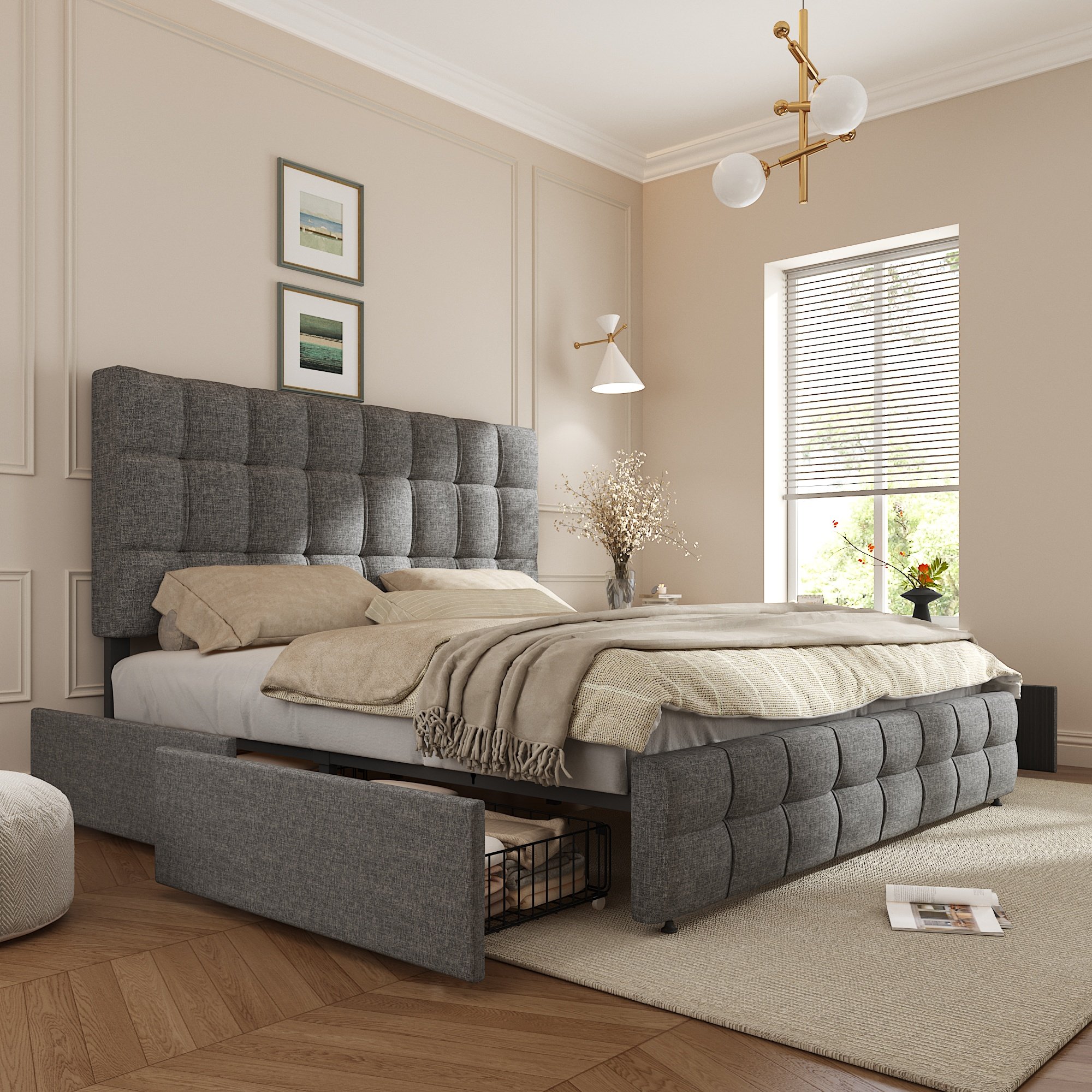 Lit coffre 140x200 gris capitonné avec 4 tiroirs roulants et revêtement doux au toucher pour intérieur élégant