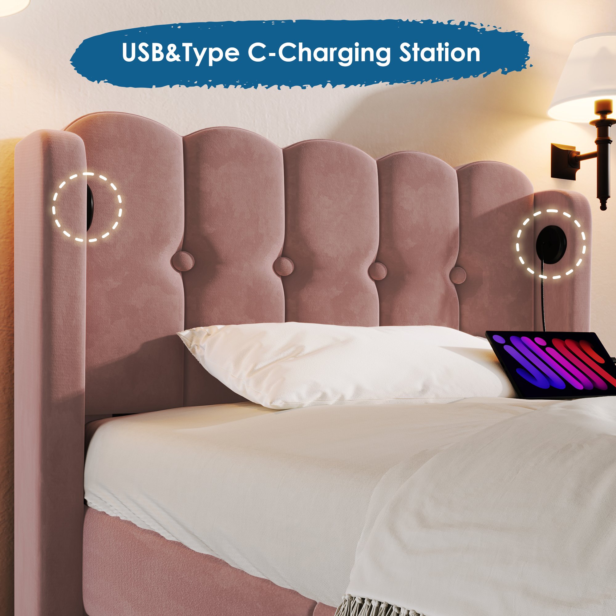 Lit rembourré 90x200 cm en velours rose avec sommier à lattes et ports USB Type-C, tête de lit capitonnée design pour chambre