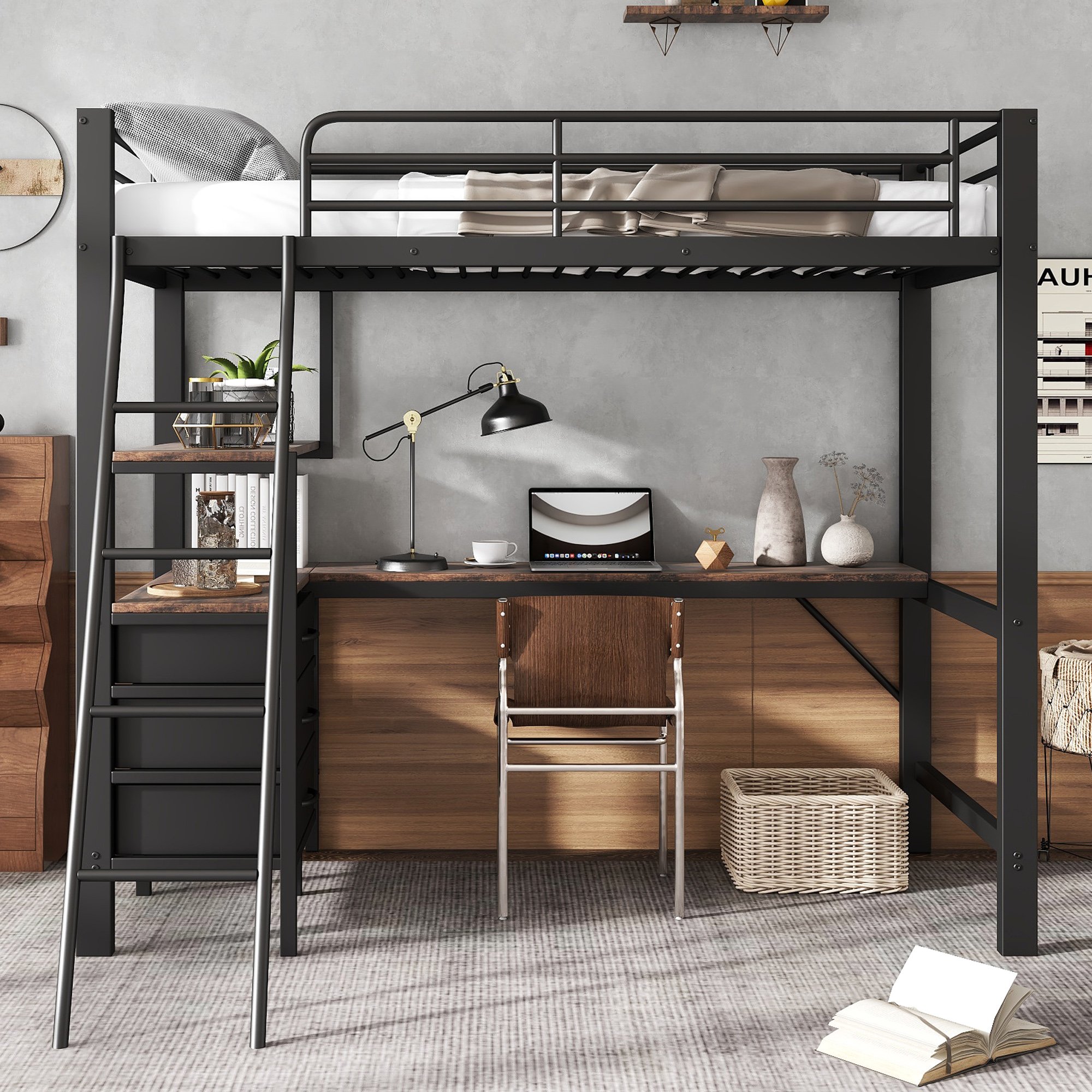 Lit superposé 90x200 en fer noir et bois avec bureau, tiroirs et échelle pour enfant
