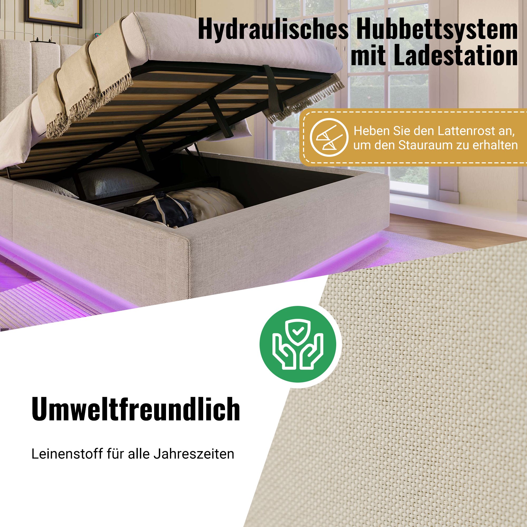 lit coffre 180x200 avec LED musicale et USB-C, rangement hydraulique facile, cadre en lin beige avec sommier à lattes