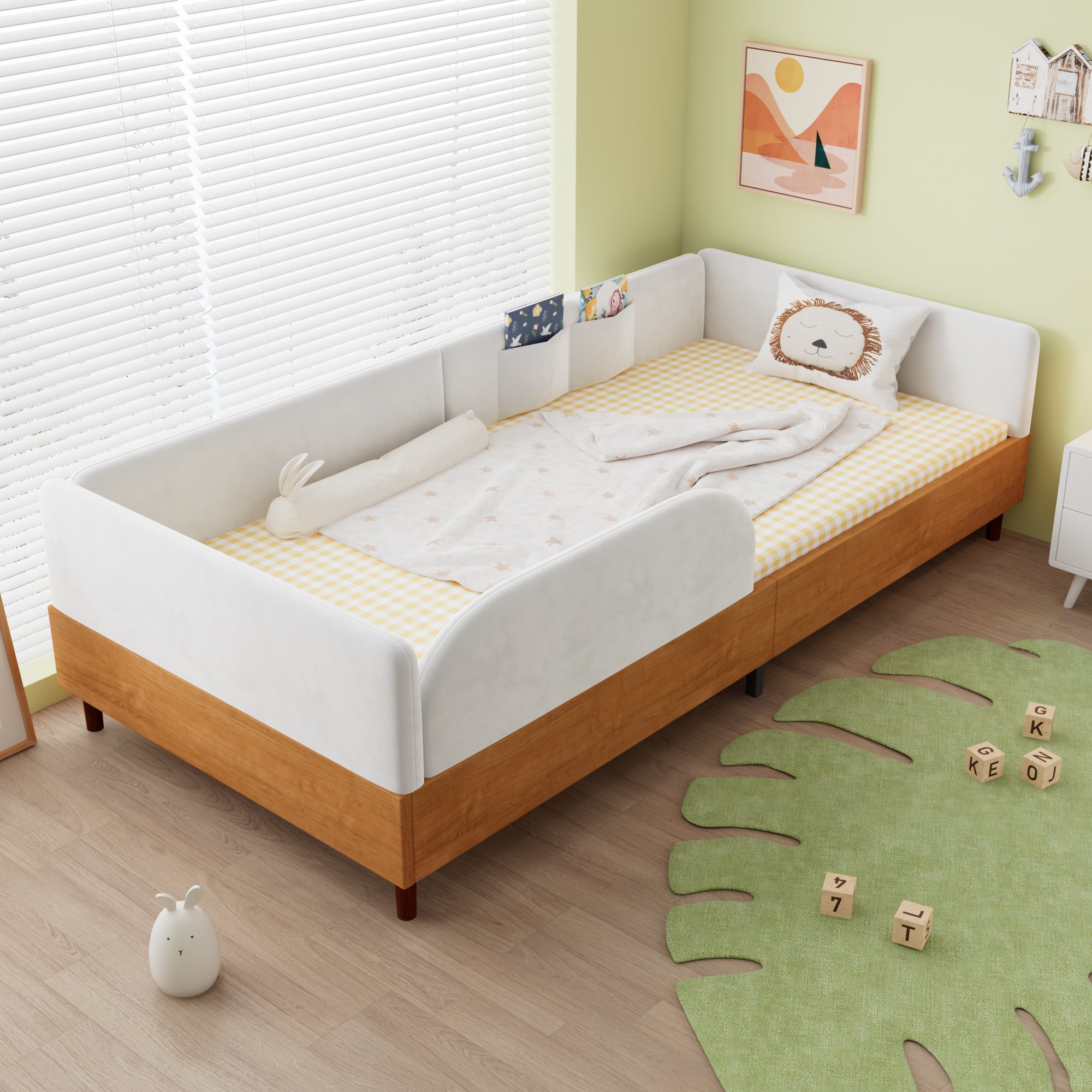 Lit capitonné 90x200 avec 2 poches de rangement et bordure de protection pour enfant