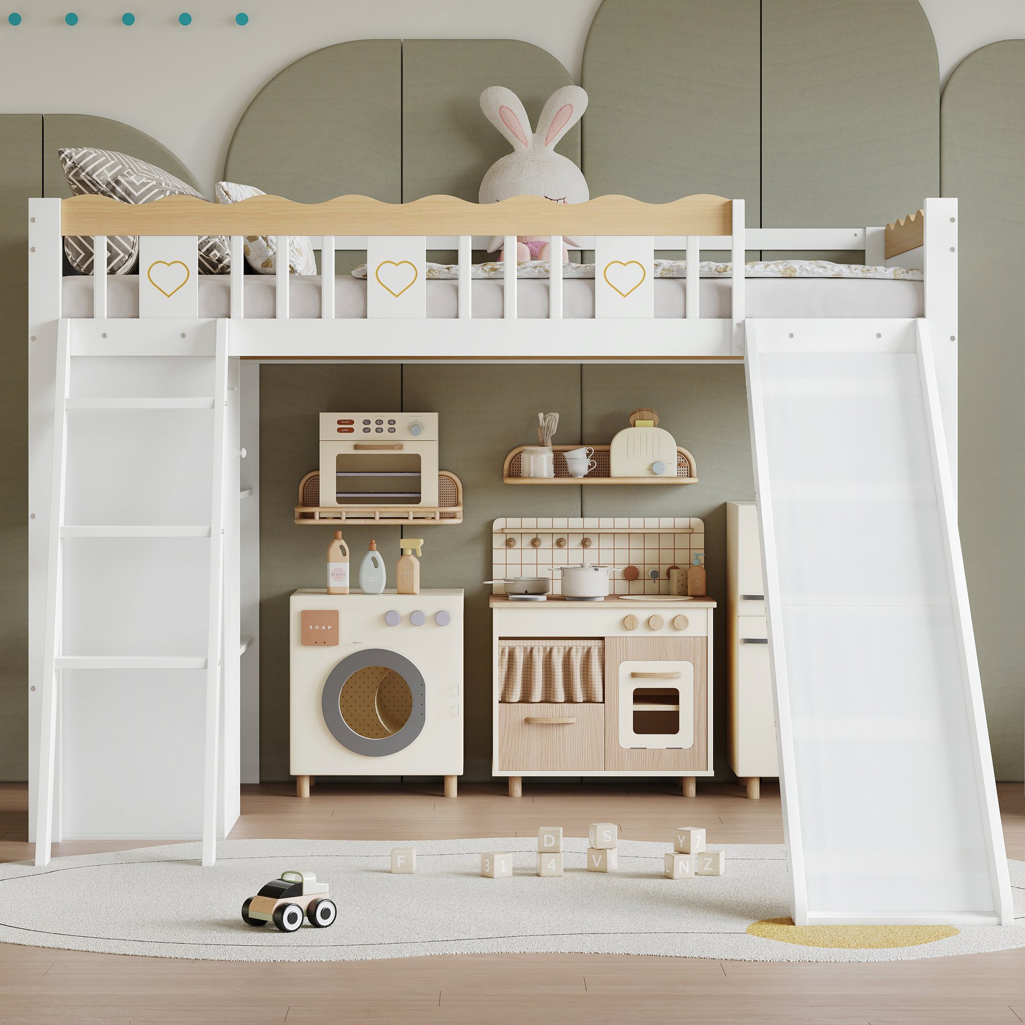 Lit mezzanine enfant 90x200 avec toboggan, rangements et barrière de sécurité, blanc et naturel