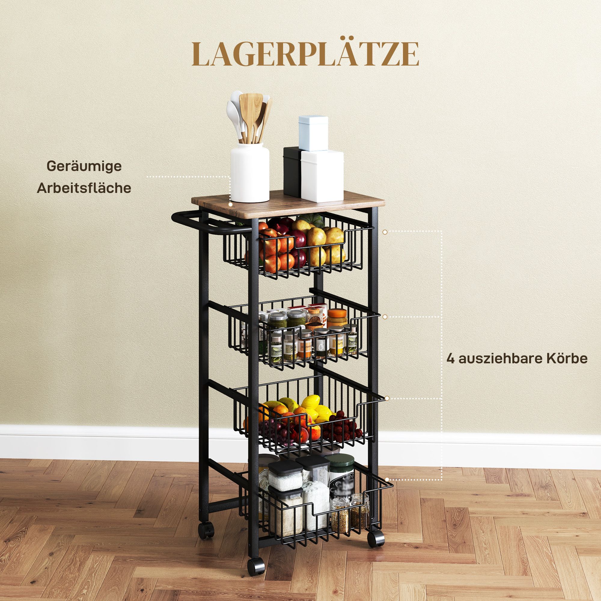 Îlot de cuisine sur roulettes avec plan de travail, 4 paniers en acier extractibles, rangement, 49,5 x 31 x 91 cm, chêne