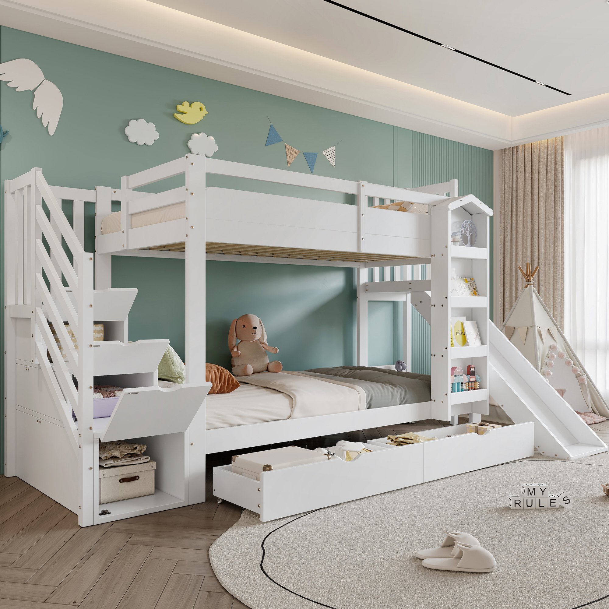 Lit superposé 90x200 cm avec rangement, toboggan et échelle de rangement, blanc