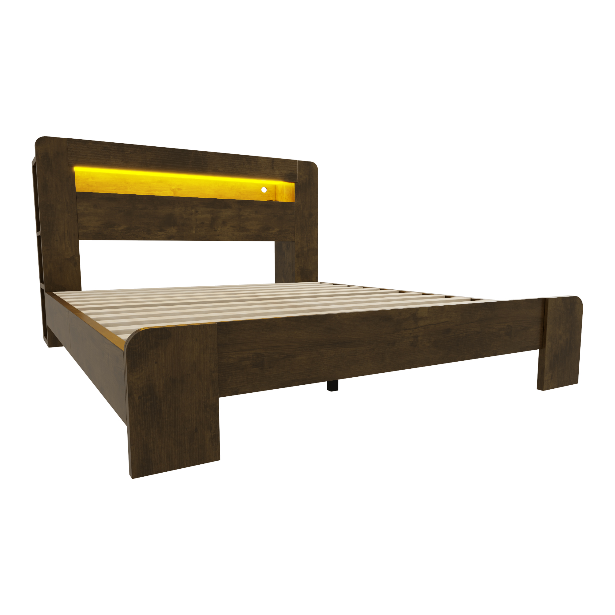Lit coffre 140x200 en bois avec rangement, LED et prises intégrées, style vintage