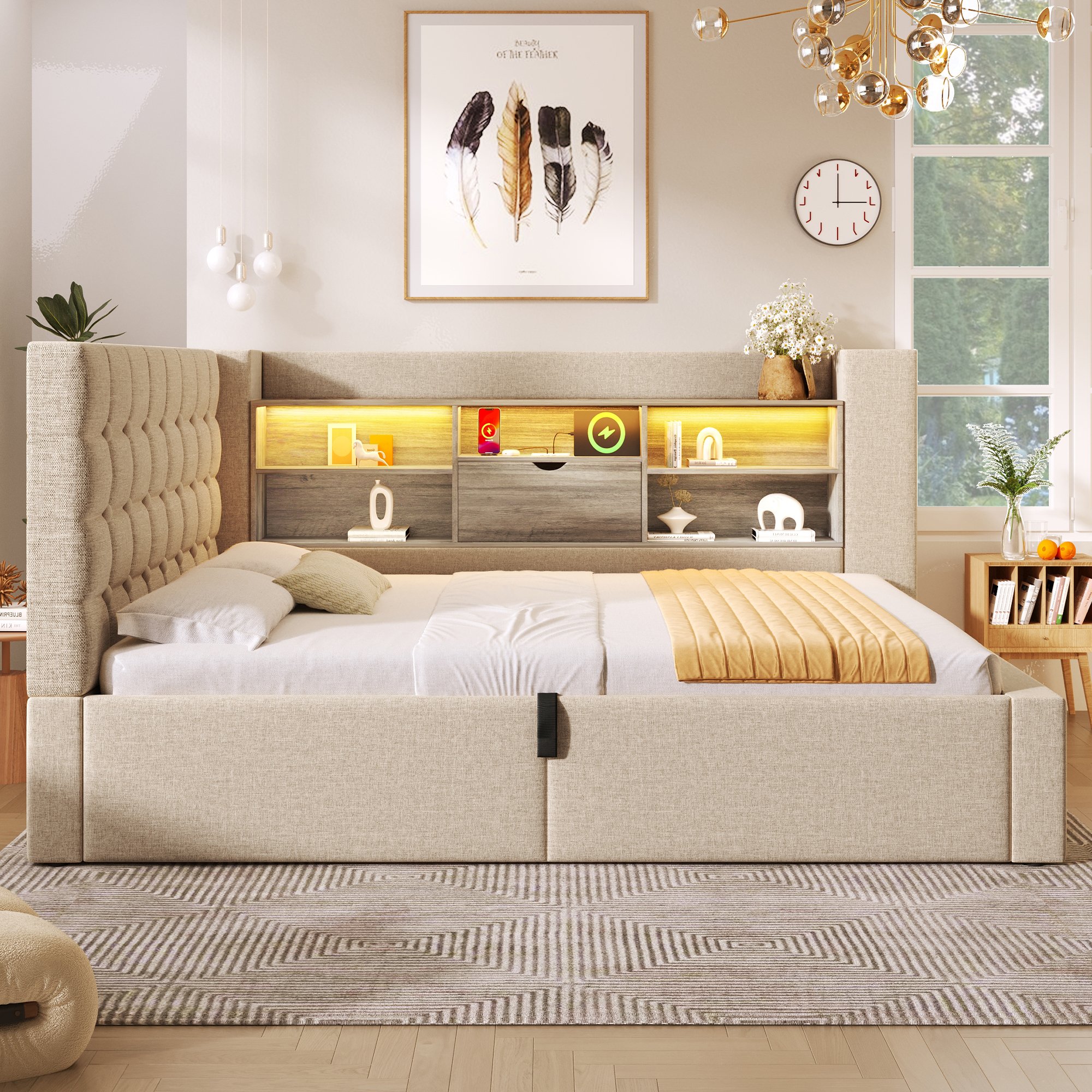 lit coffre 90x200 beige avec matelas, rangement hydraulique, led usb et sommier à lattes