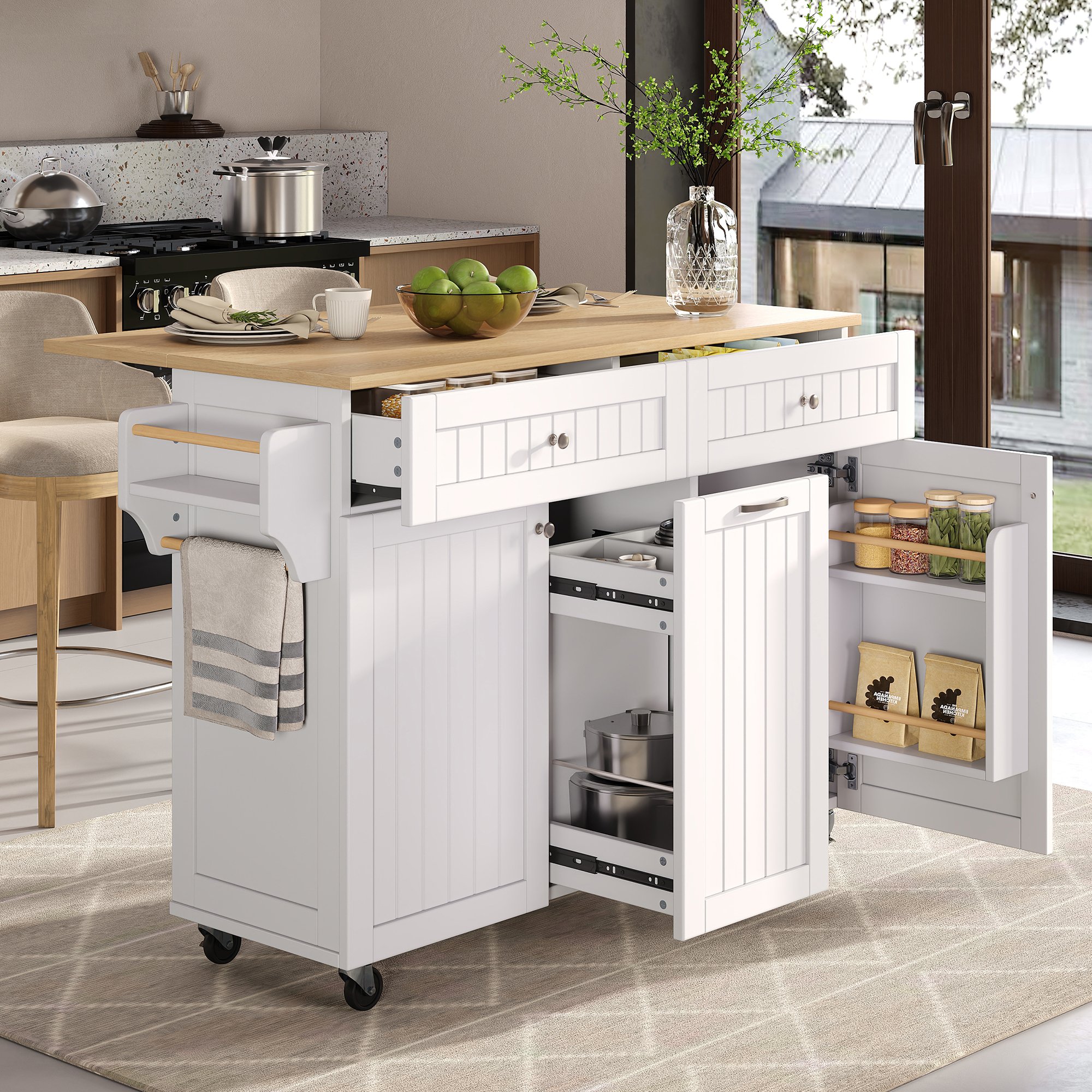 Îlot de cuisine extensible avec plan de travail rabattable, rangements multifonctions et tiroirs, sur roulettes, 140x40x92 cm
