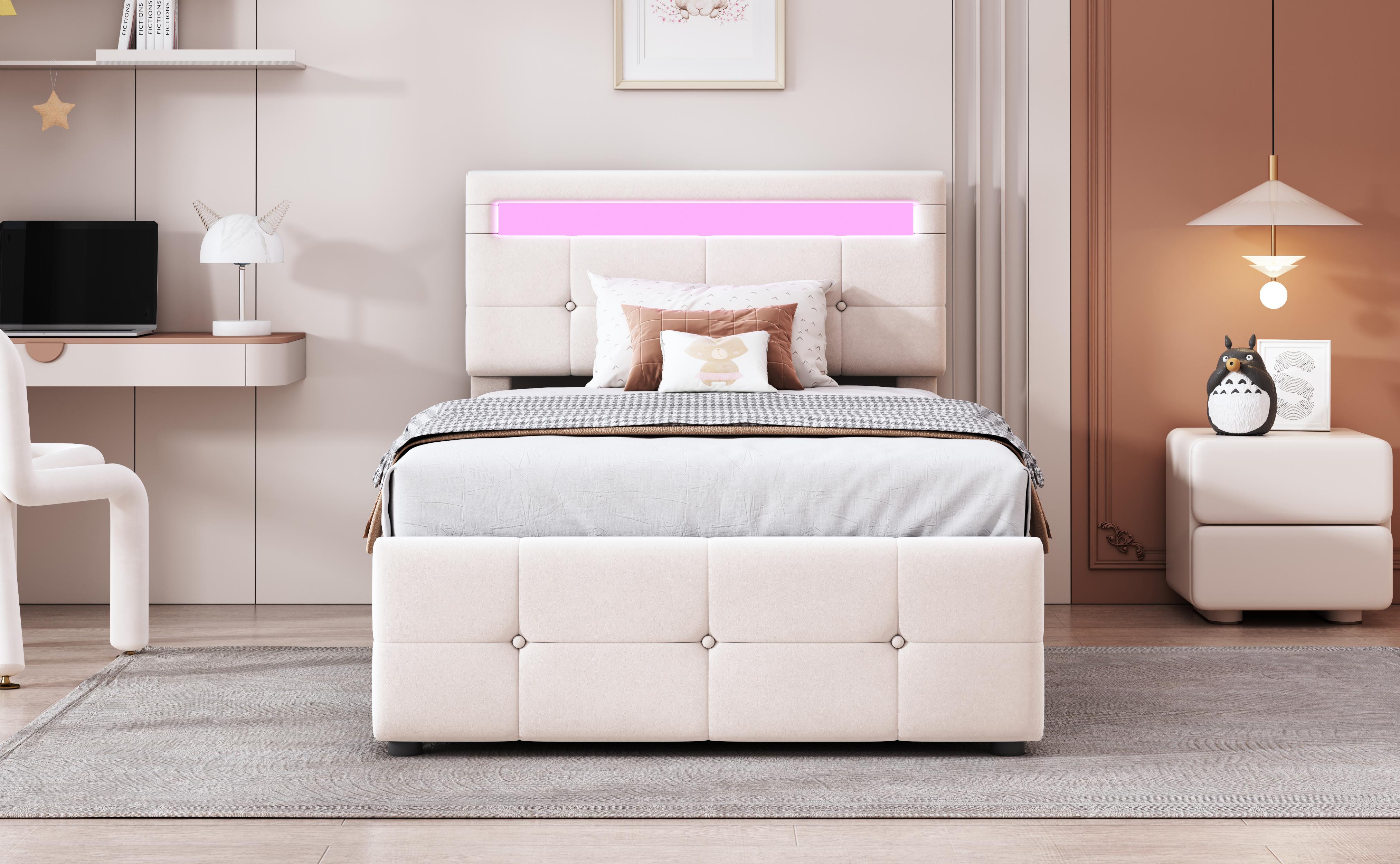 Lit coffre en velours beige, structure Panneau composite de fibres de bois à densité et métal, 90x200 cm, avec rangement hydraulique et LED
