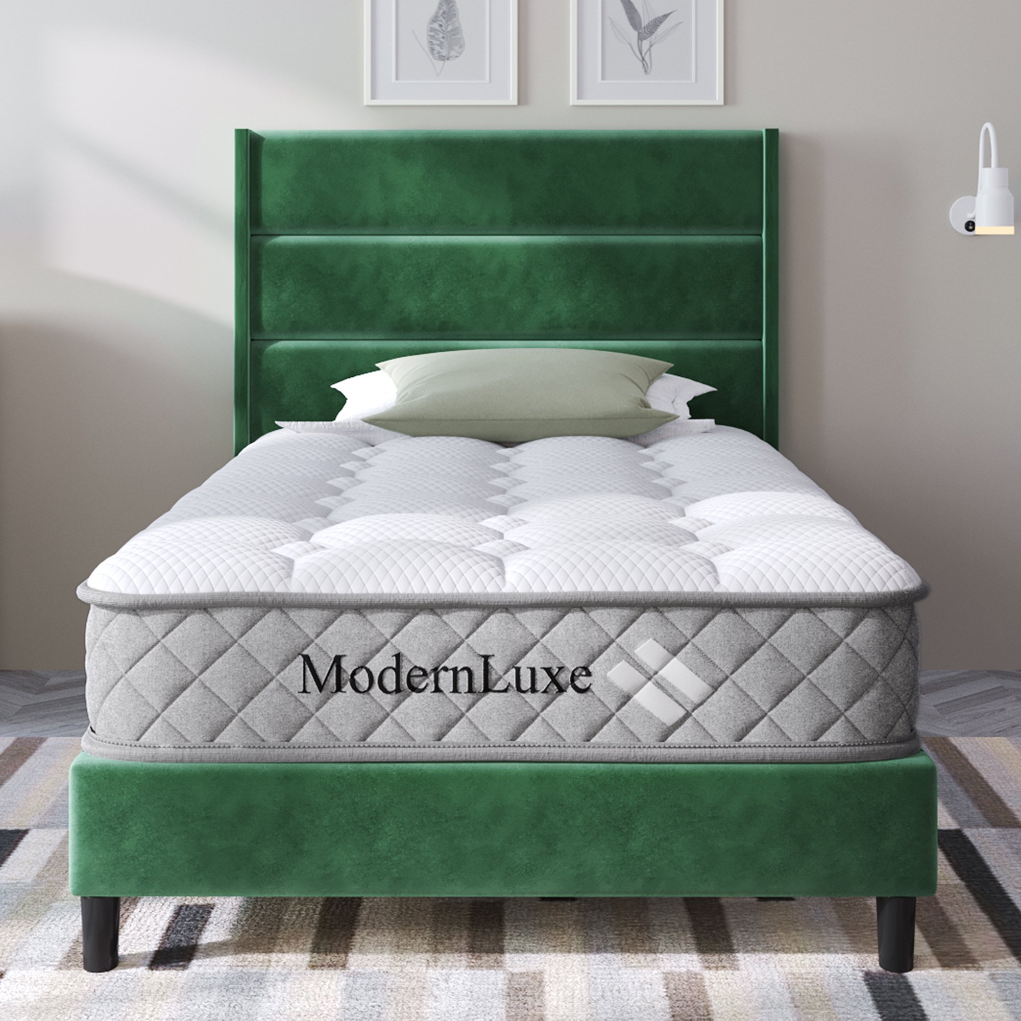 lit double avec sommier et matelas 90x200 cm, soutien ergonomique 7 zones H3 pour dos, cadre vert foncé