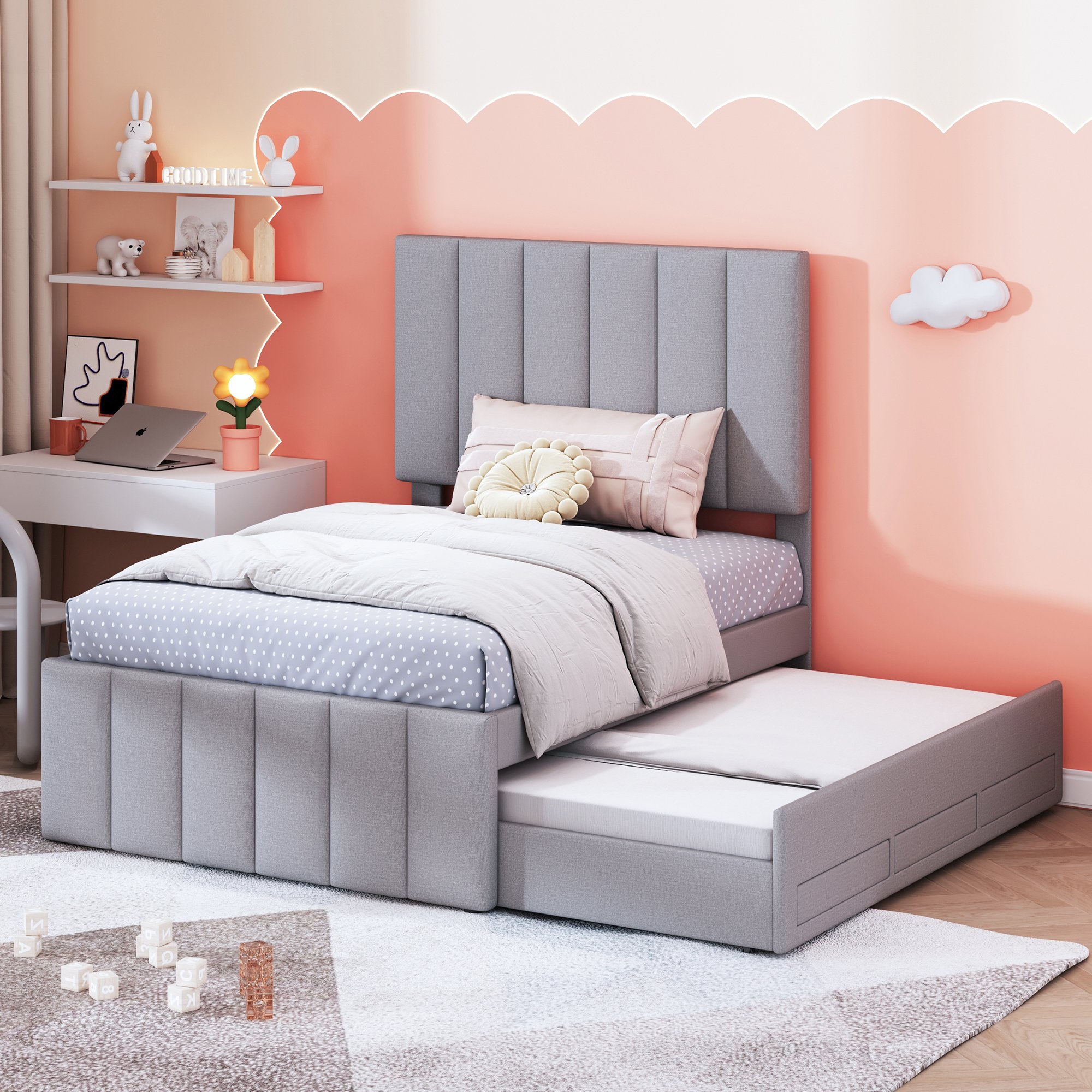 Lit enfant 90x200 cm avec lit escamotable et 3 tiroirs, en lin gris, avec sommier