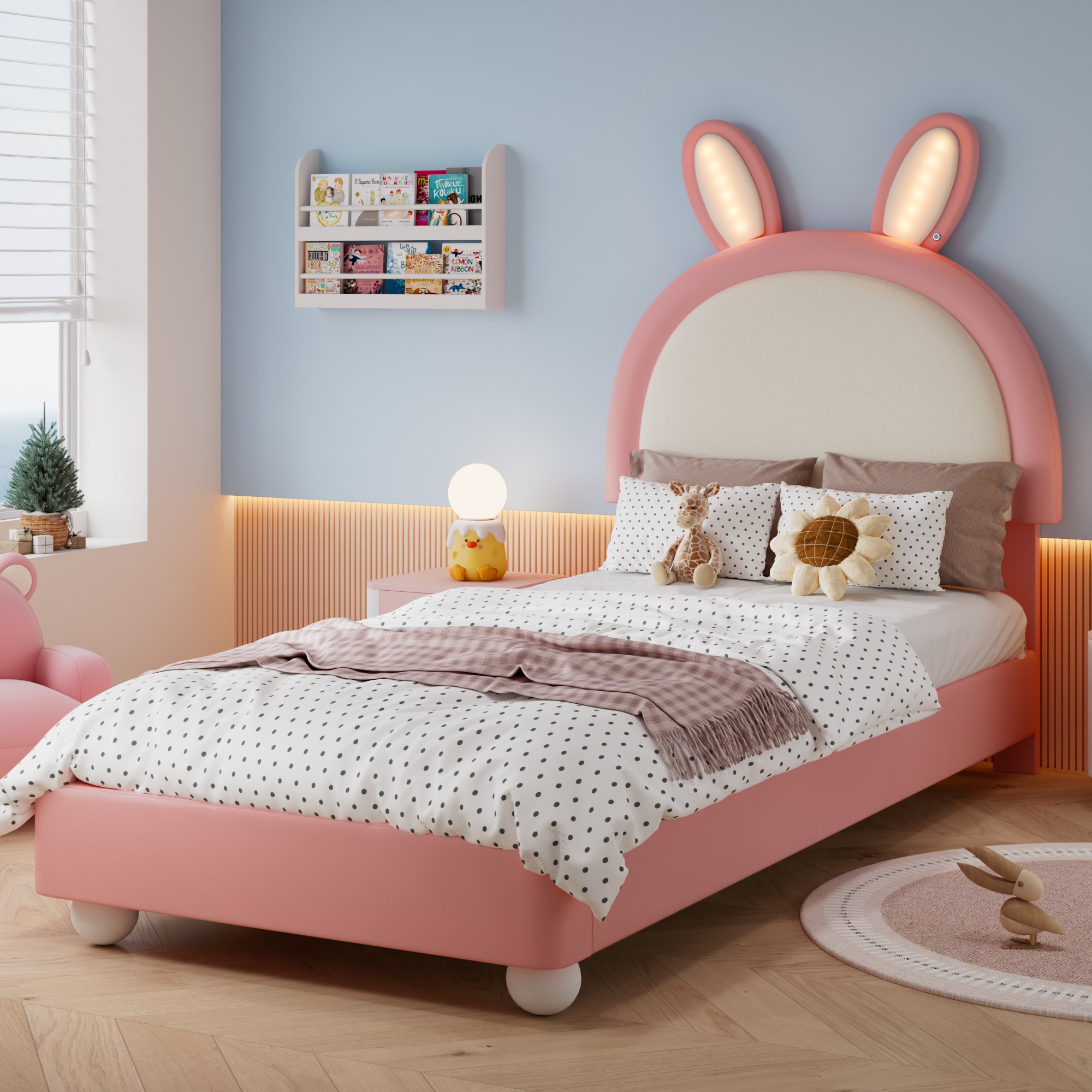 Lit rembourré 90x200 avec tête de lit en forme de lapin, LED et bordure en mousse anti-collision