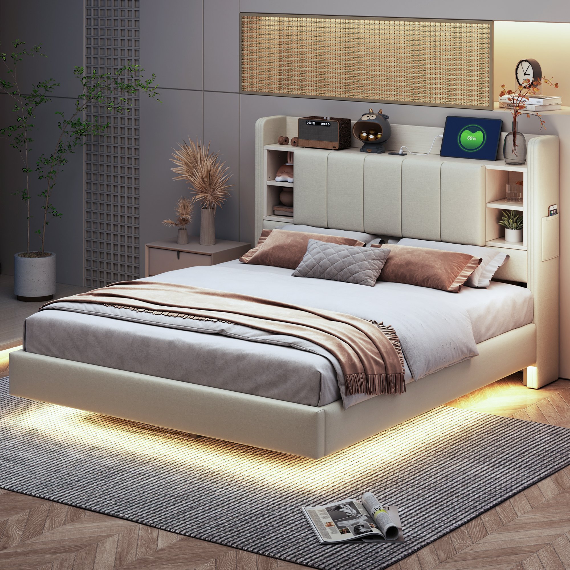 Lit coffre avec rangements intégrés, LED et USB, tête relevable, 140x200
