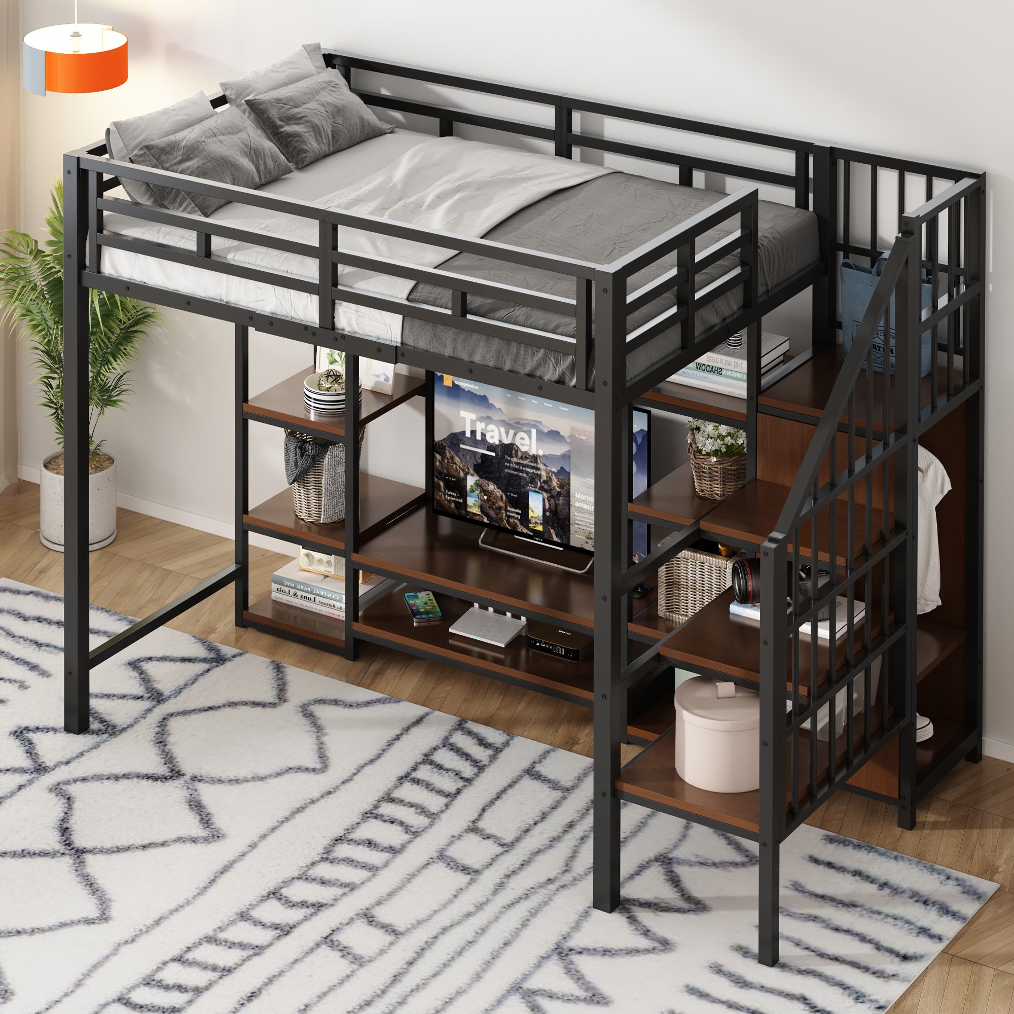 Lit mezzanine 90x200 noir métal et bois avec support TV, prise et échelle de rangement