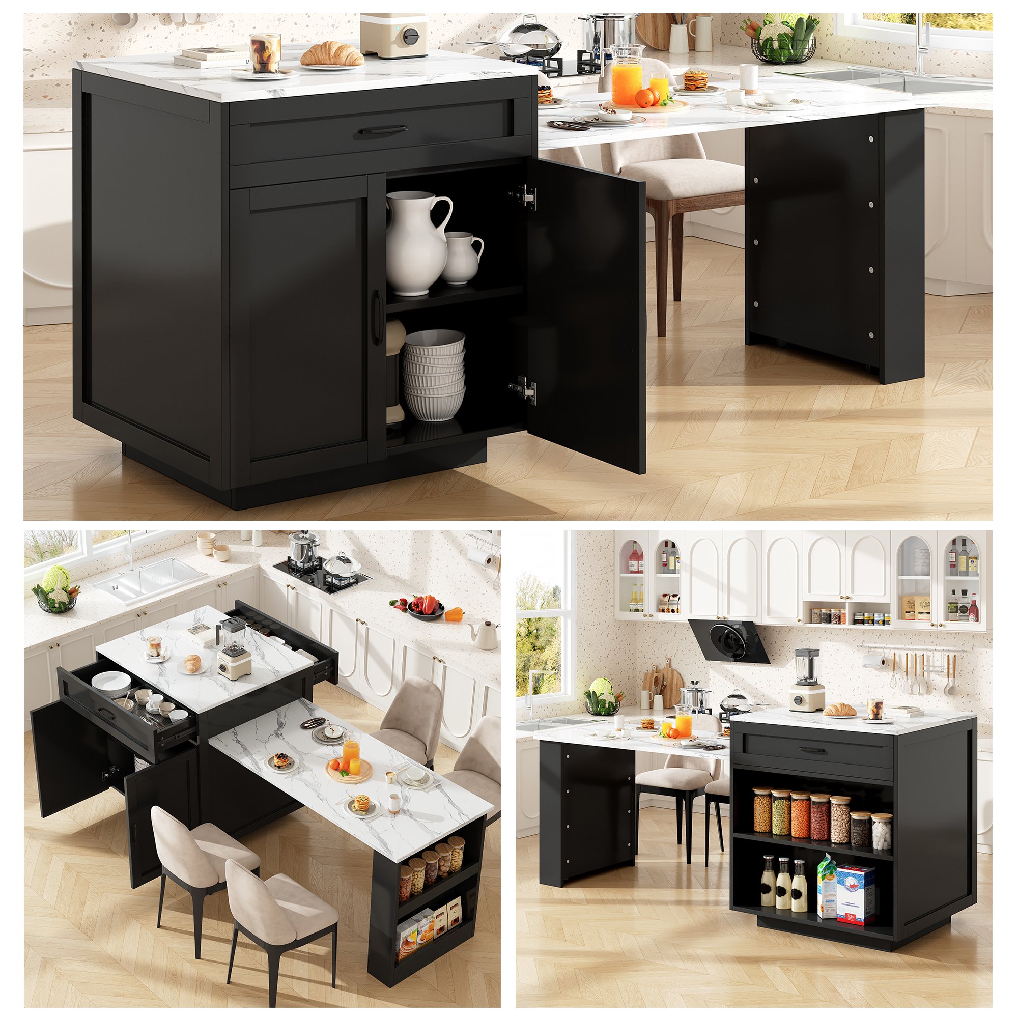 Îlot de cuisine avec rangement extensible noir, 2 tiroirs, 2 étagères, table de bar pour 2-6 personnes, sur roulettes