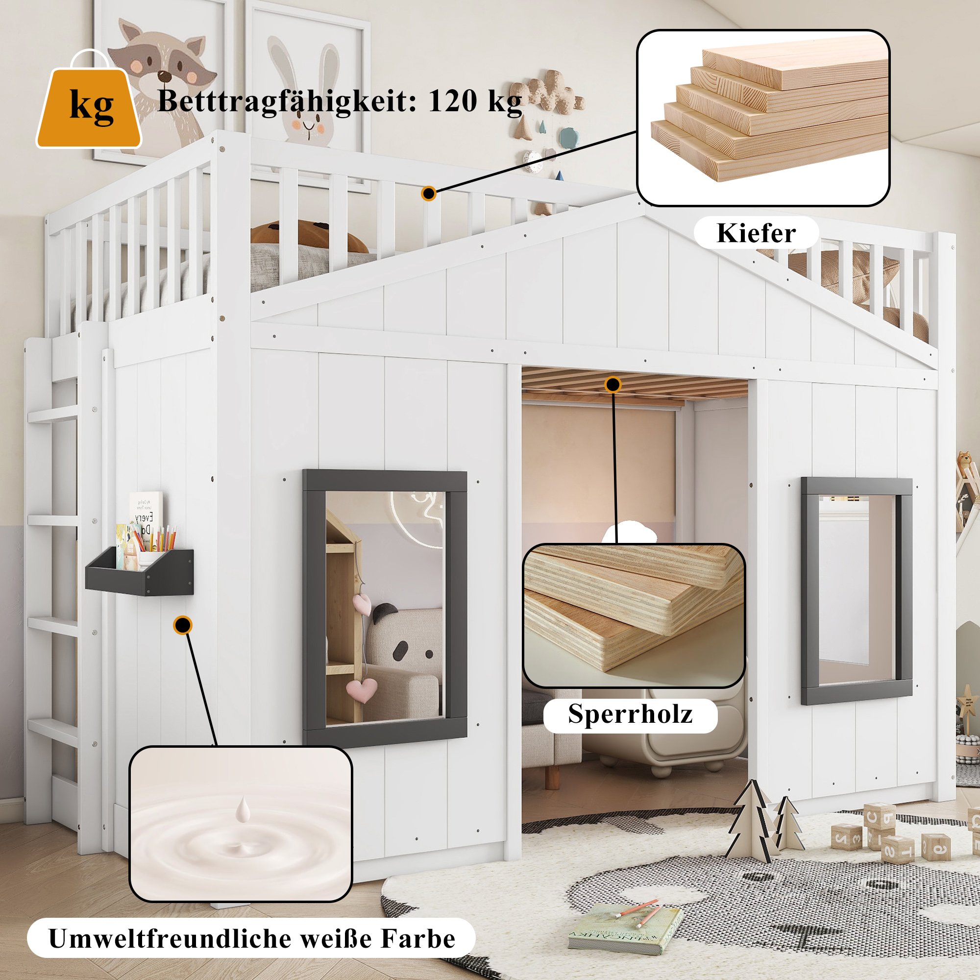 Lit superposé 90x200 avec rangement, échelle et fenêtres, en pin blanc pour enfant