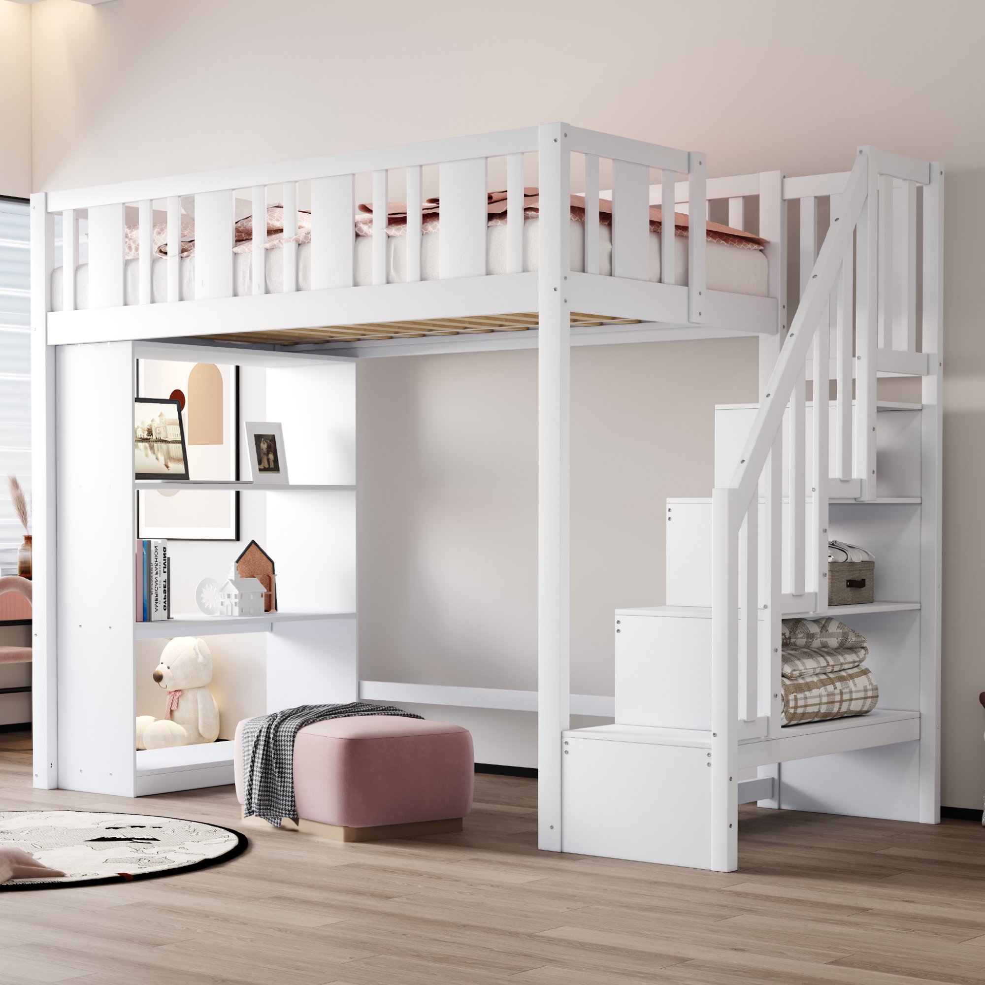 Lit mezzanine 90x200 cm pour enfant avec rangements, échelle et barrière de sécurité