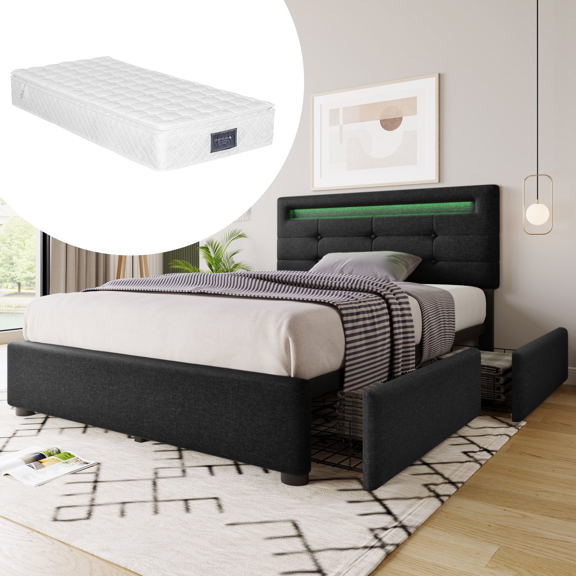 lit coffre 90x200 revêtement lin noir avec structure renforcée, matelas ressorts et lattes bois